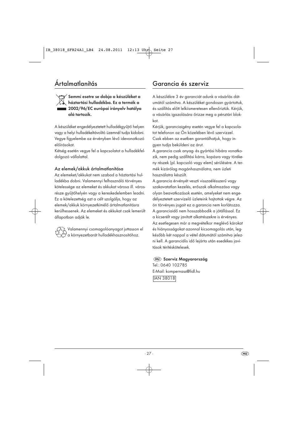 Ártalmatlanítás, Garancia és szerviz | Silvercrest SFR 2.4 A1 User Manual | Page 29 / 62