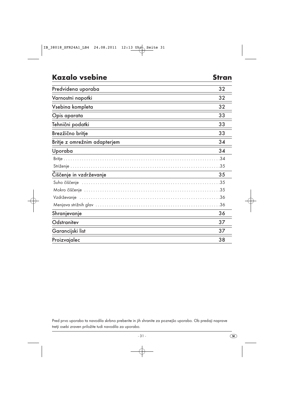 Kazalo vsebine stran | Silvercrest SFR 2.4 A1 User Manual | Page 33 / 62