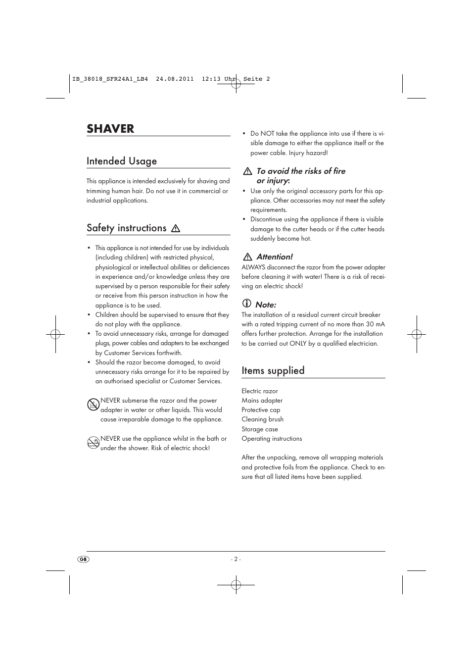 Shaver, Intended usage, Safety instructions | Items supplied | Silvercrest SFR 2.4 A1 User Manual | Page 4 / 62