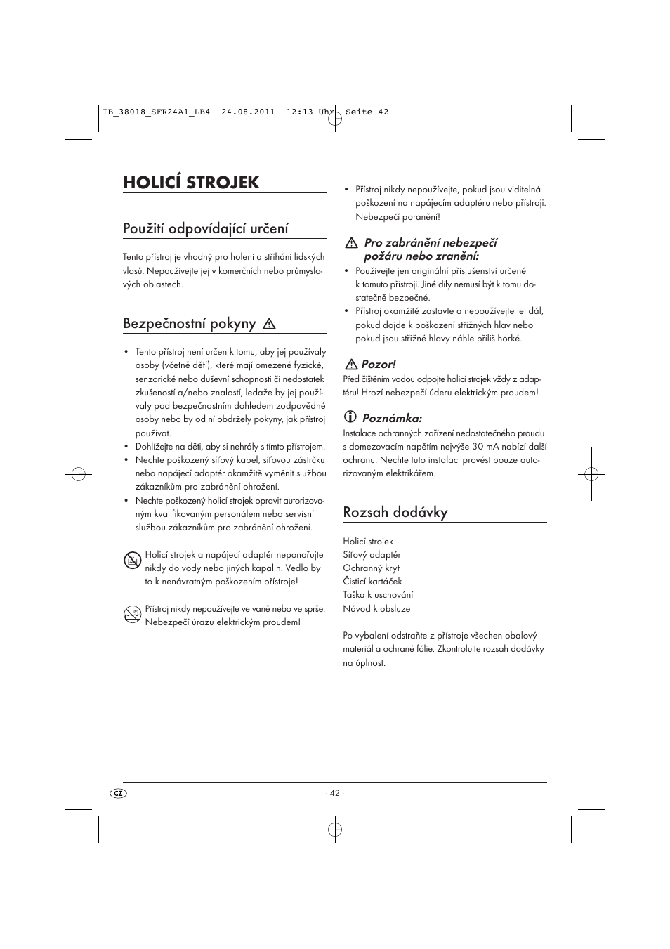 Holicí strojek, Použití odpovídající určení, Bezpečnostní pokyny | Rozsah dodávky | Silvercrest SFR 2.4 A1 User Manual | Page 44 / 62