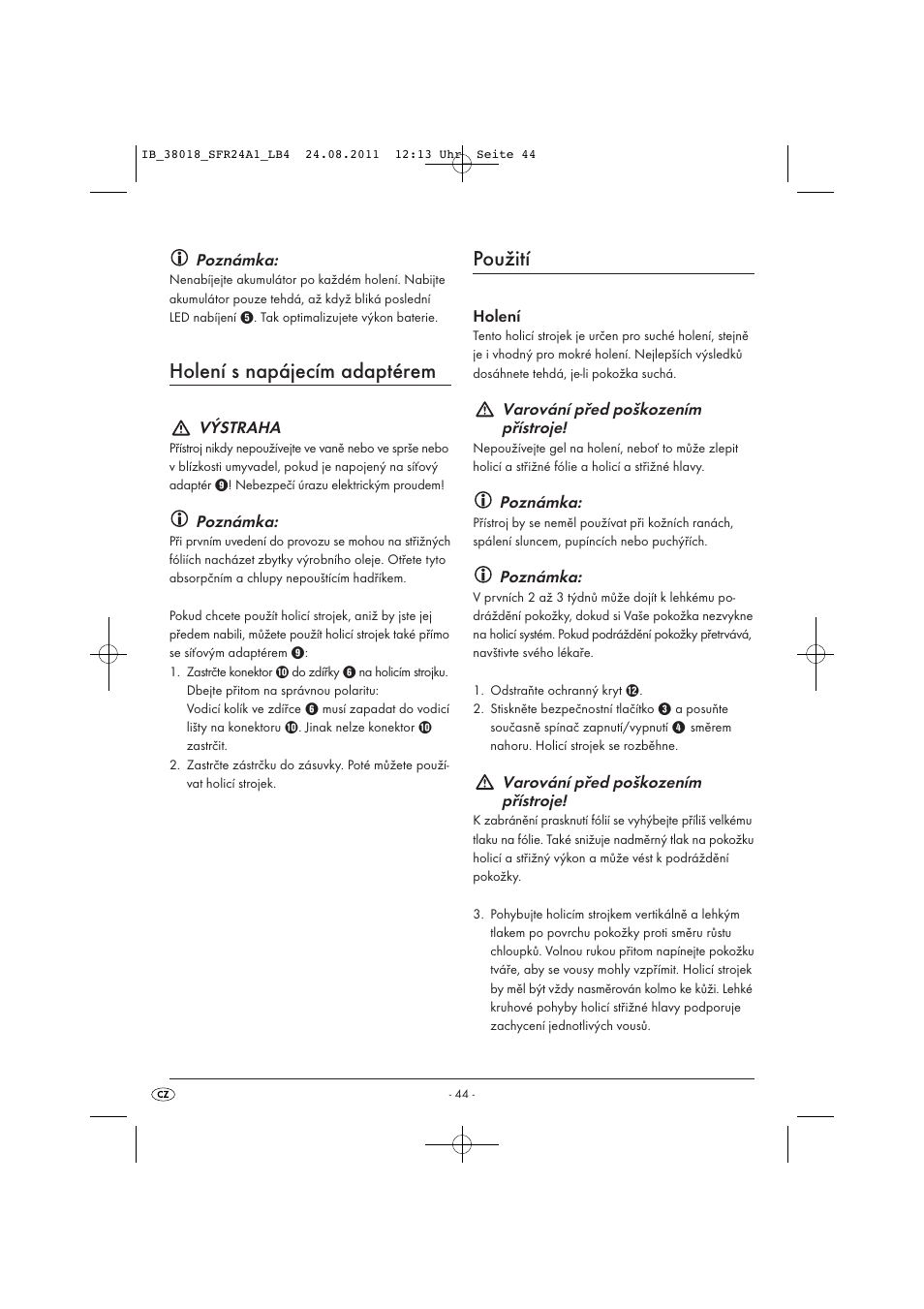 Holení s napájecím adaptérem, Použití | Silvercrest SFR 2.4 A1 User Manual | Page 46 / 62