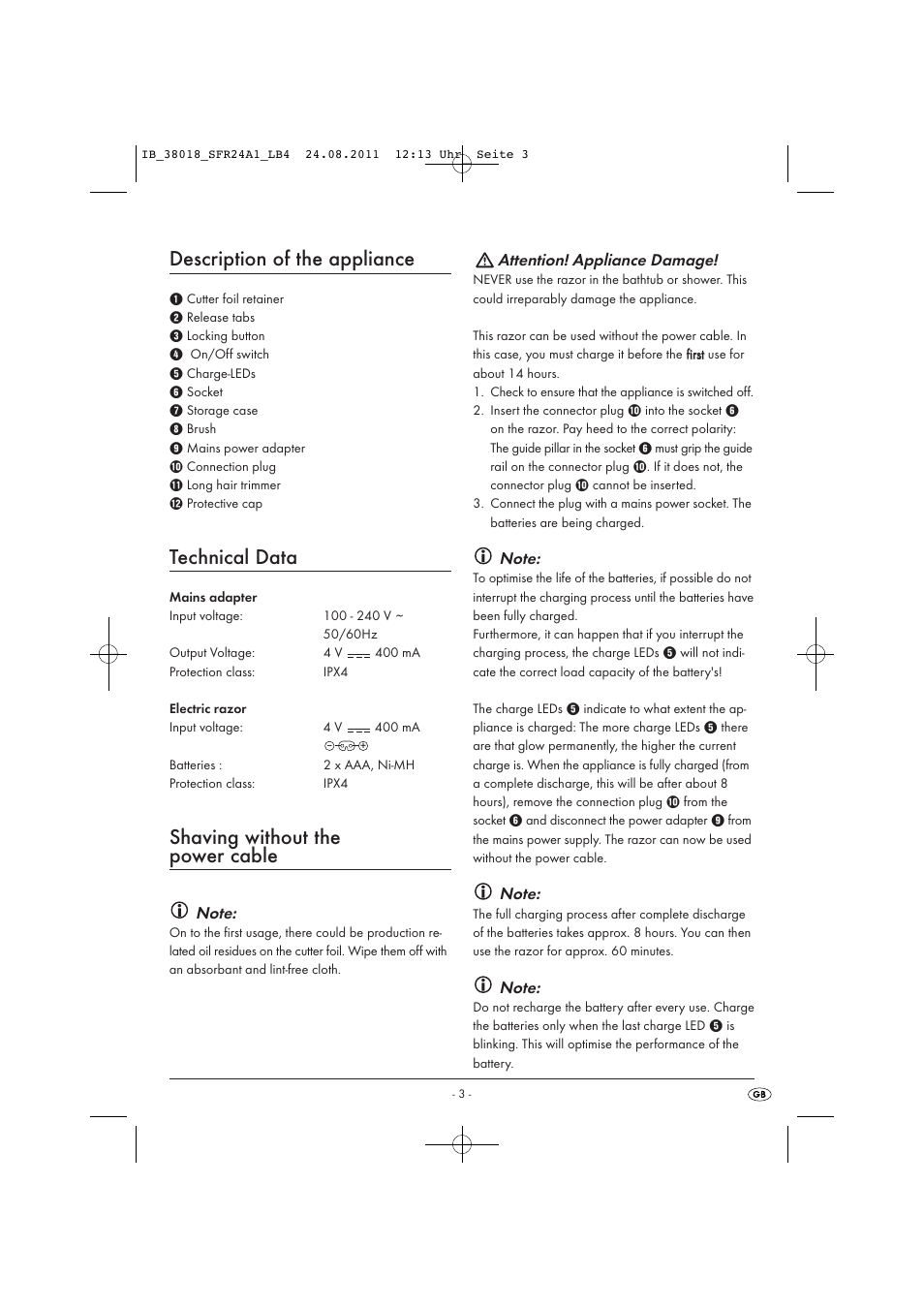 Description of the appliance, Technical data, Shaving without the power cable | Attention! appliance damage | Silvercrest SFR 2.4 A1 User Manual | Page 5 / 62