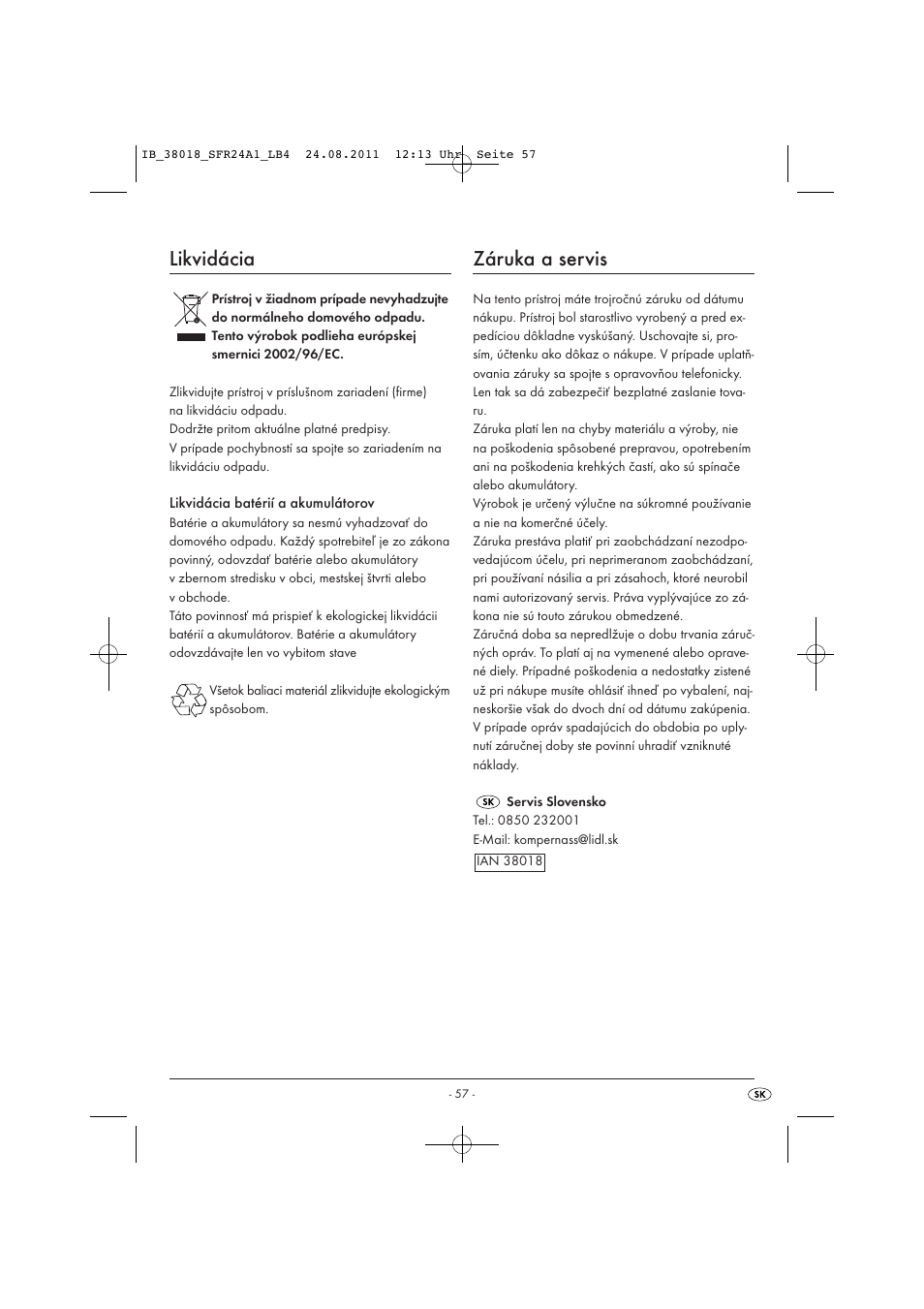 Likvidácia, Záruka a servis | Silvercrest SFR 2.4 A1 User Manual | Page 59 / 62