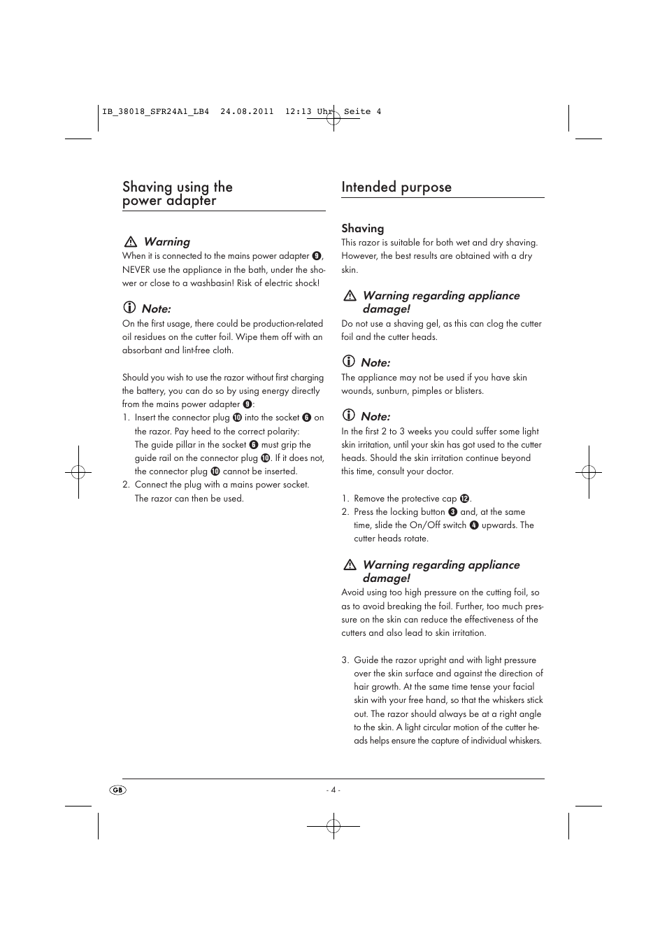 Shaving using the power adapter, Intended purpose | Silvercrest SFR 2.4 A1 User Manual | Page 6 / 62