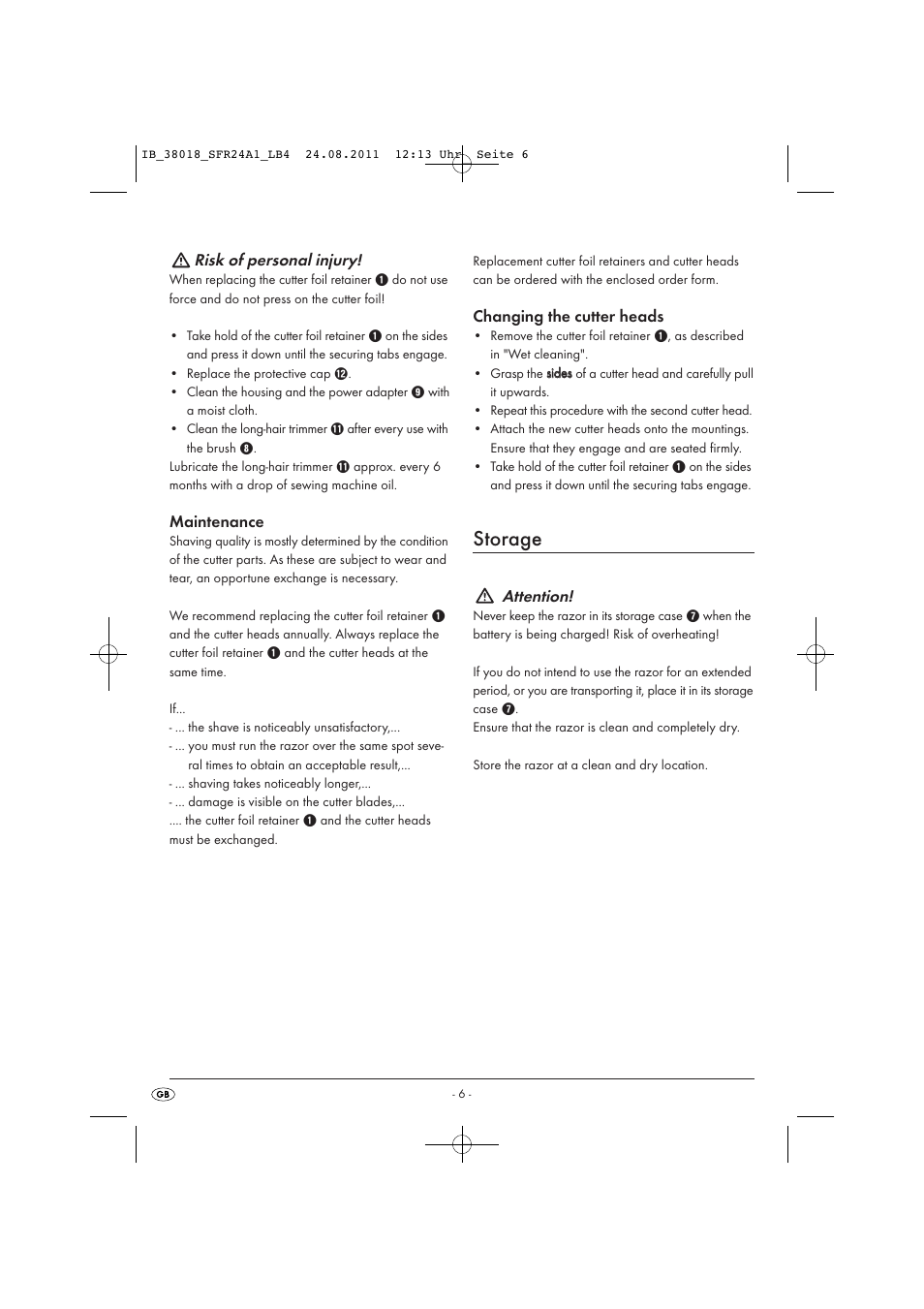 Storage, Risk of personal injury, Maintenance | Changing the cutter heads, Attention | Silvercrest SFR 2.4 A1 User Manual | Page 8 / 62