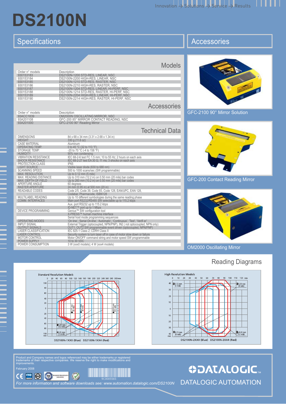 Ds2100n, Accessories, Specifications | Models accessories technical data, Reading diagrams, Datalogic automation, Om2000 oscillating mirror, Innovation > solutions > service > results | Datalogic Scanning DS2100N User Manual | Page 2 / 2
