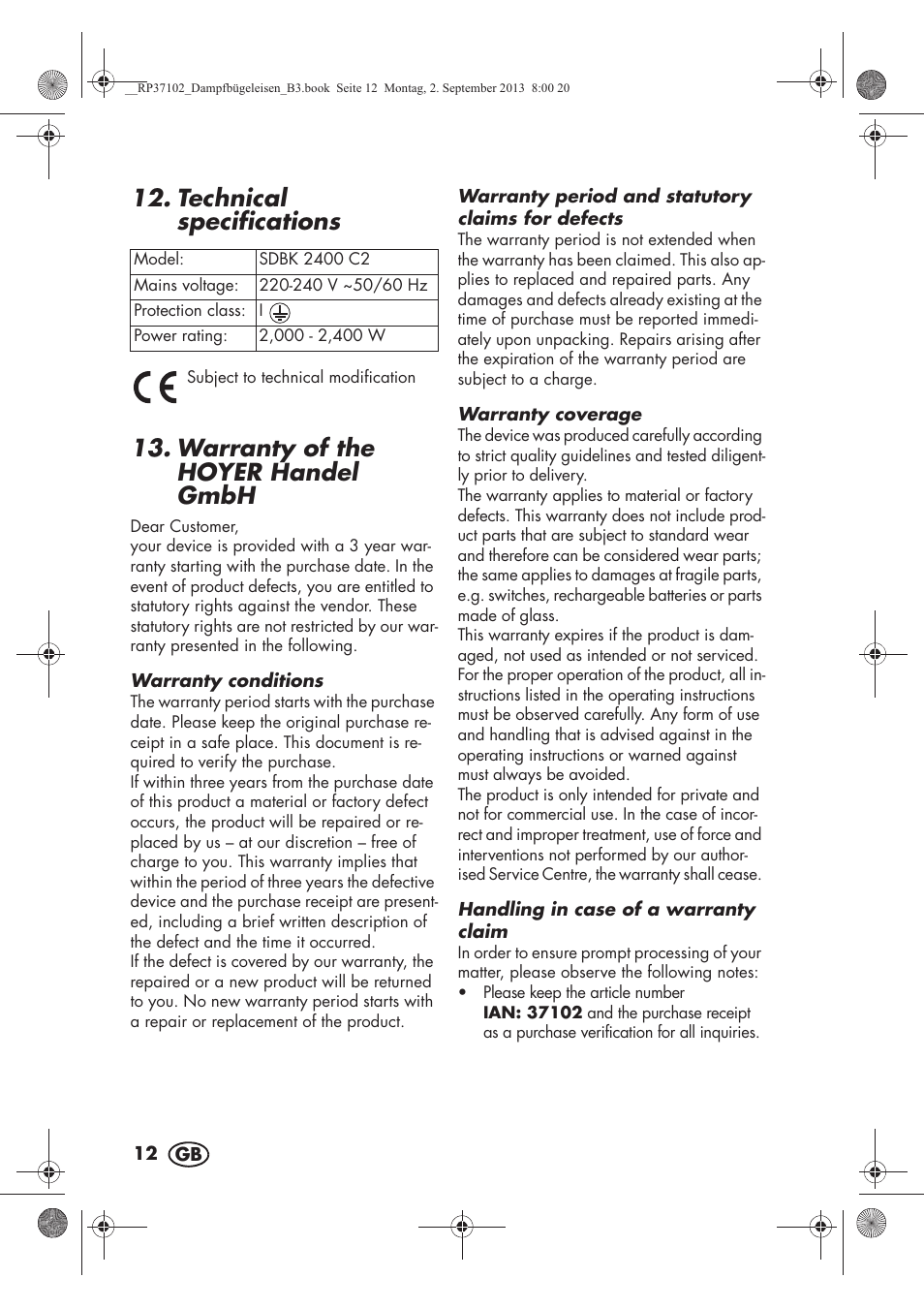 Technical specifications, Warranty of the hoyer handel gmbh | Silvercrest SDBK 2400 C2 User Manual | Page 14 / 98