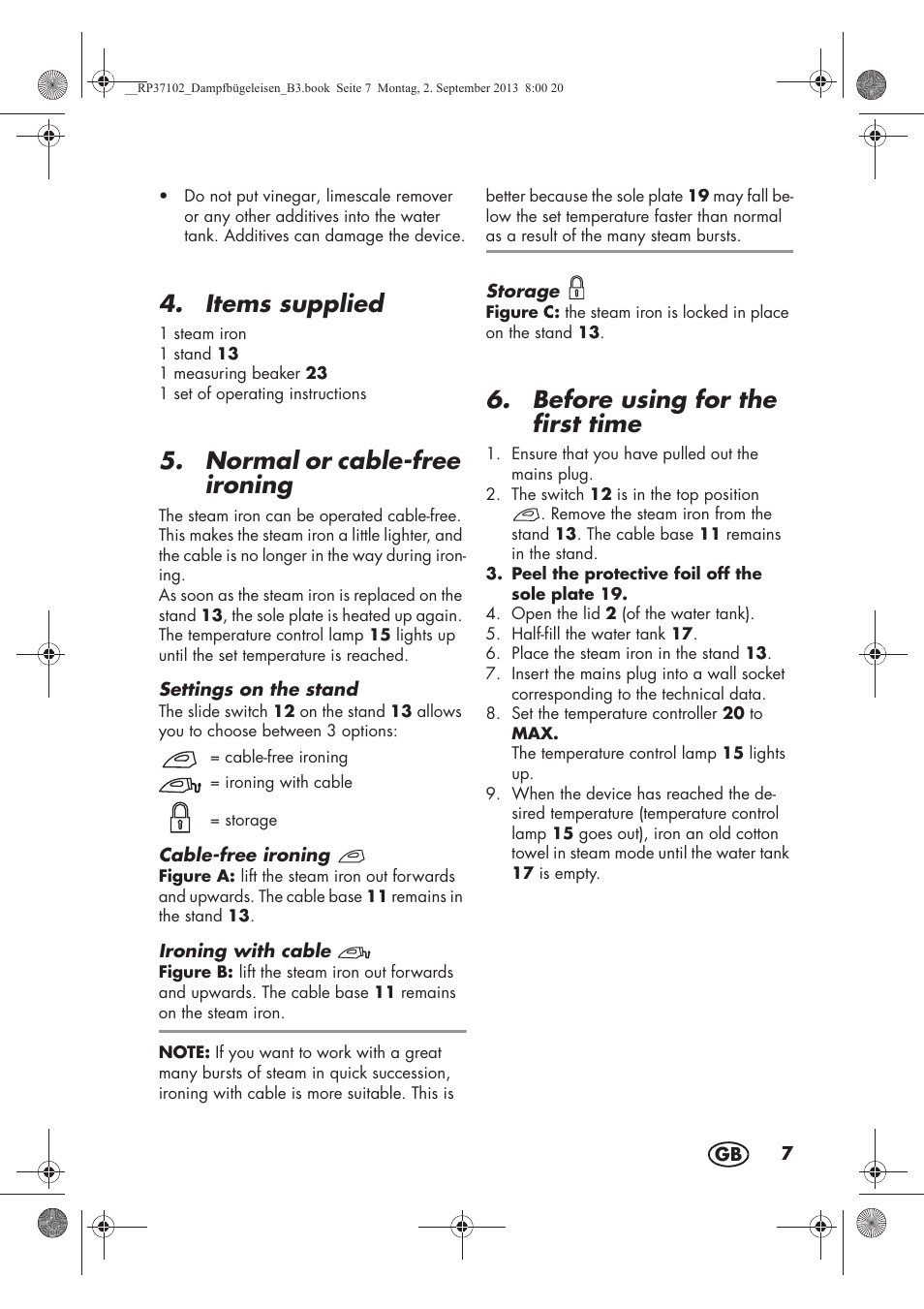 Items supplied, Normal or cable-free ironing, Before using for the first time | Silvercrest SDBK 2400 C2 User Manual | Page 9 / 98