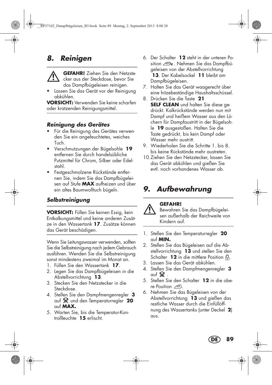 Reinigen, Aufbewahrung | Silvercrest SDBK 2400 C2 User Manual | Page 91 / 98