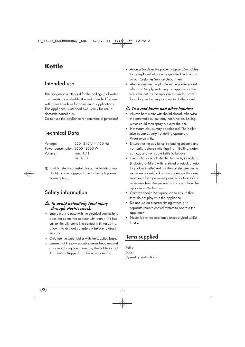 Kettle, Intended use, Technical data | Safety information, Items supplied | Silvercrest SWK 3000 EDS A1 User Manual | Page 4 / 11