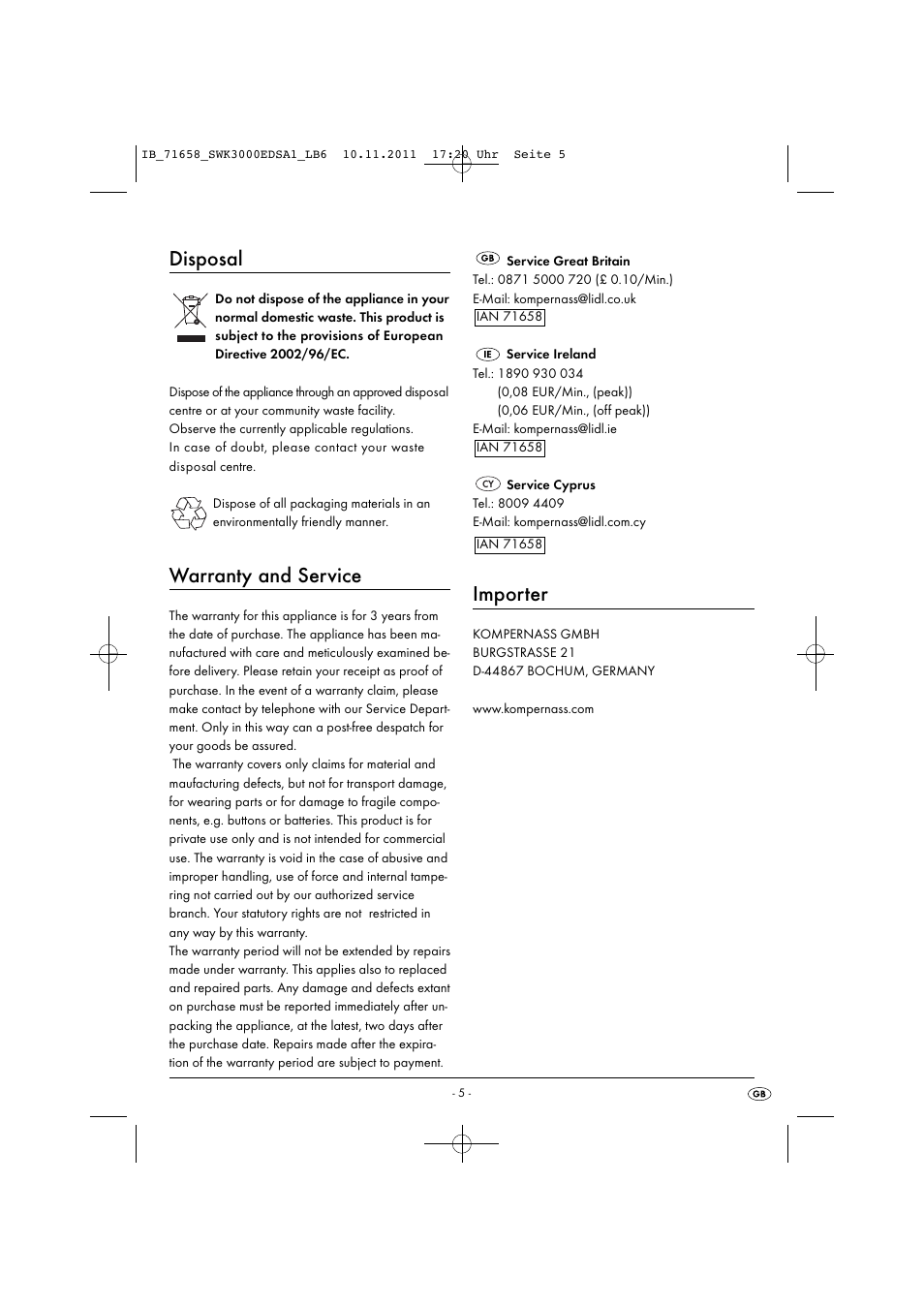 Disposal, Warranty and service, Importer | Silvercrest SWK 3000 EDS A1 User Manual | Page 7 / 11