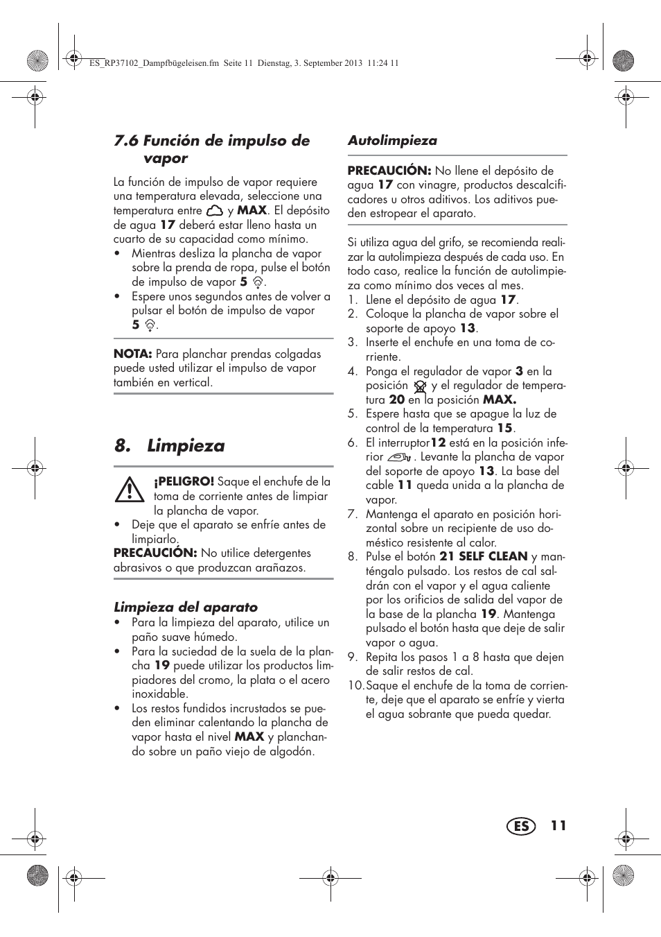 Limpieza, 6 función de impulso de vapor | Silvercrest SDBK 2400 C2 User Manual | Page 13 / 74