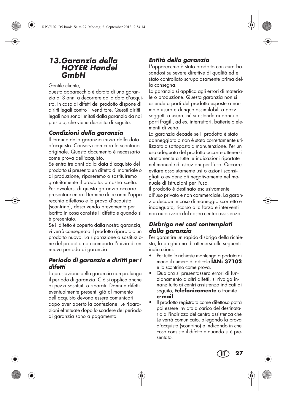 Garanzia della hoyer handel gmbh | Silvercrest SDBK 2400 C2 User Manual | Page 29 / 74