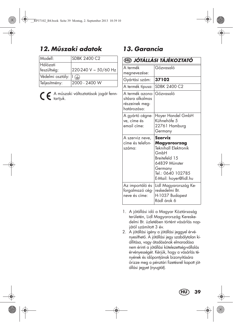 Mszaki adatok, Garancia | Silvercrest SDBK 2400 C2 User Manual | Page 41 / 94