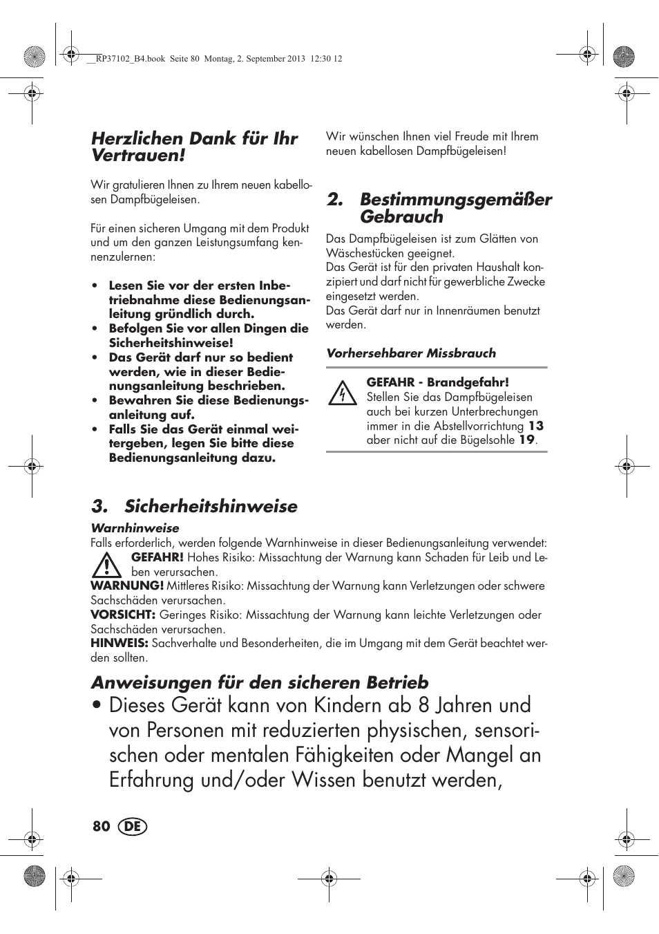Herzlichen dank für ihr vertrauen, Bestimmungsgemäßer gebrauch, Sicherheitshinweise | Anweisungen für den sicheren betrieb | Silvercrest SDBK 2400 C2 User Manual | Page 82 / 94