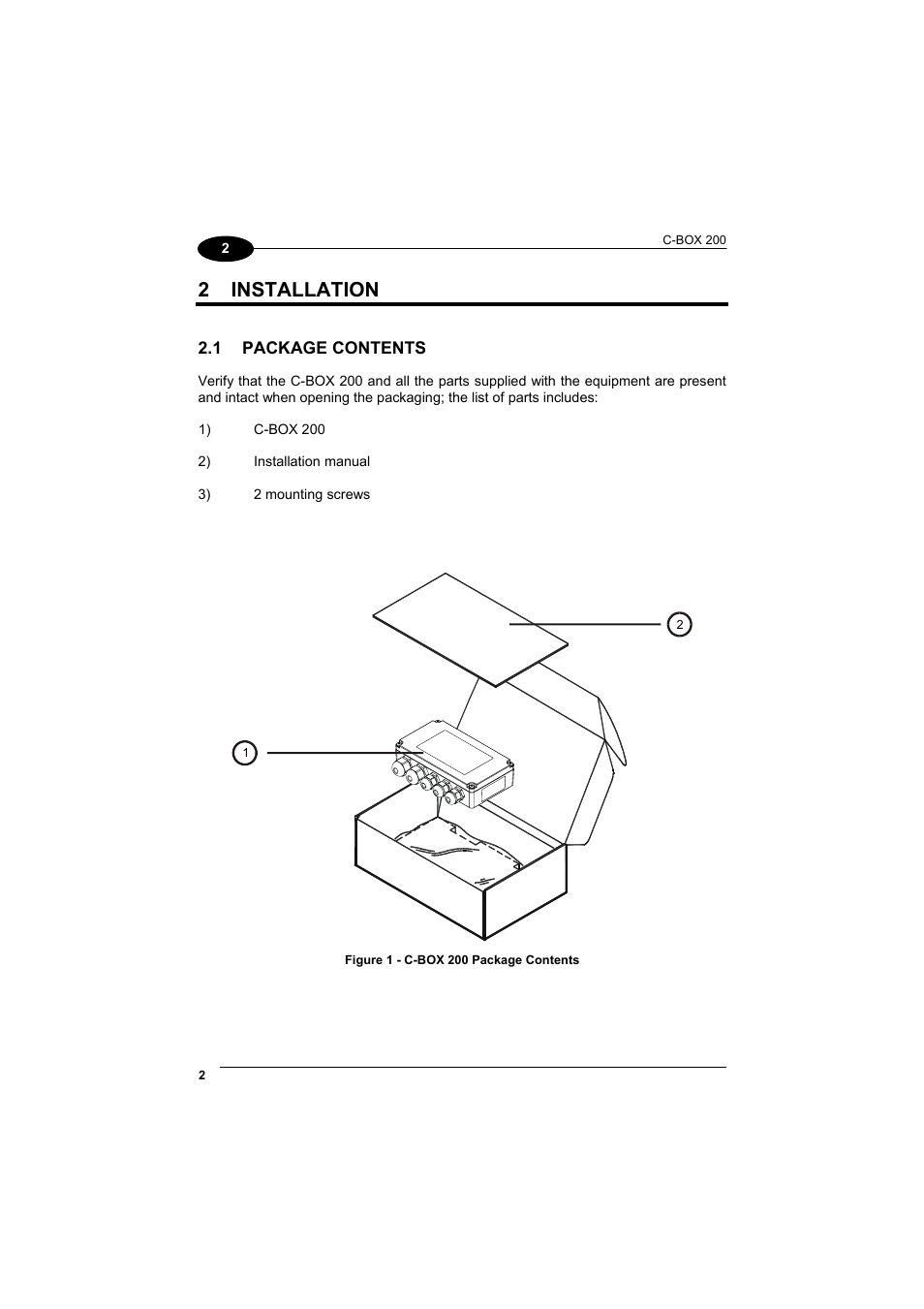 Installation, Package contents, 2 installation | Datalogic Scanning C-BOX 200 User Manual | Page 10 / 28