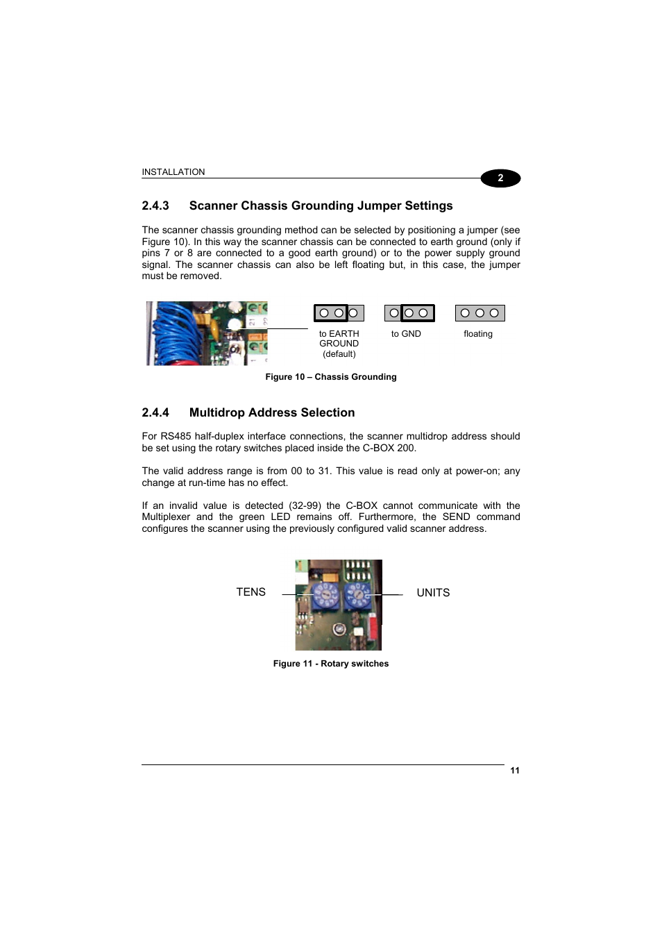 Scanner chassis grounding jumper settings, Multidrop address selection | Datalogic Scanning C-BOX 200 User Manual | Page 19 / 28