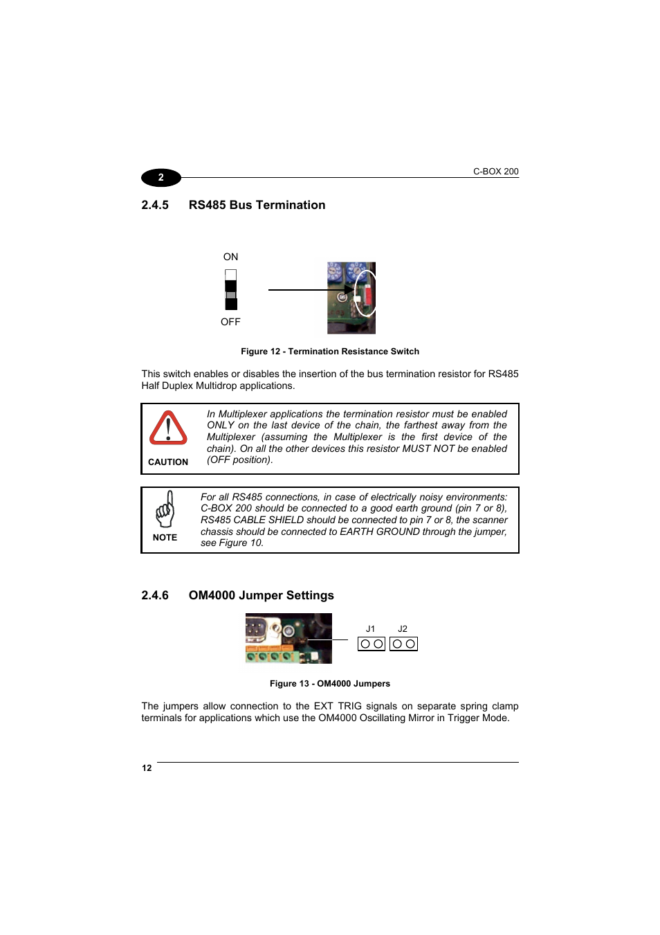 Rs485 bus termination, Om4000 jumper settings | Datalogic Scanning C-BOX 200 User Manual | Page 20 / 28