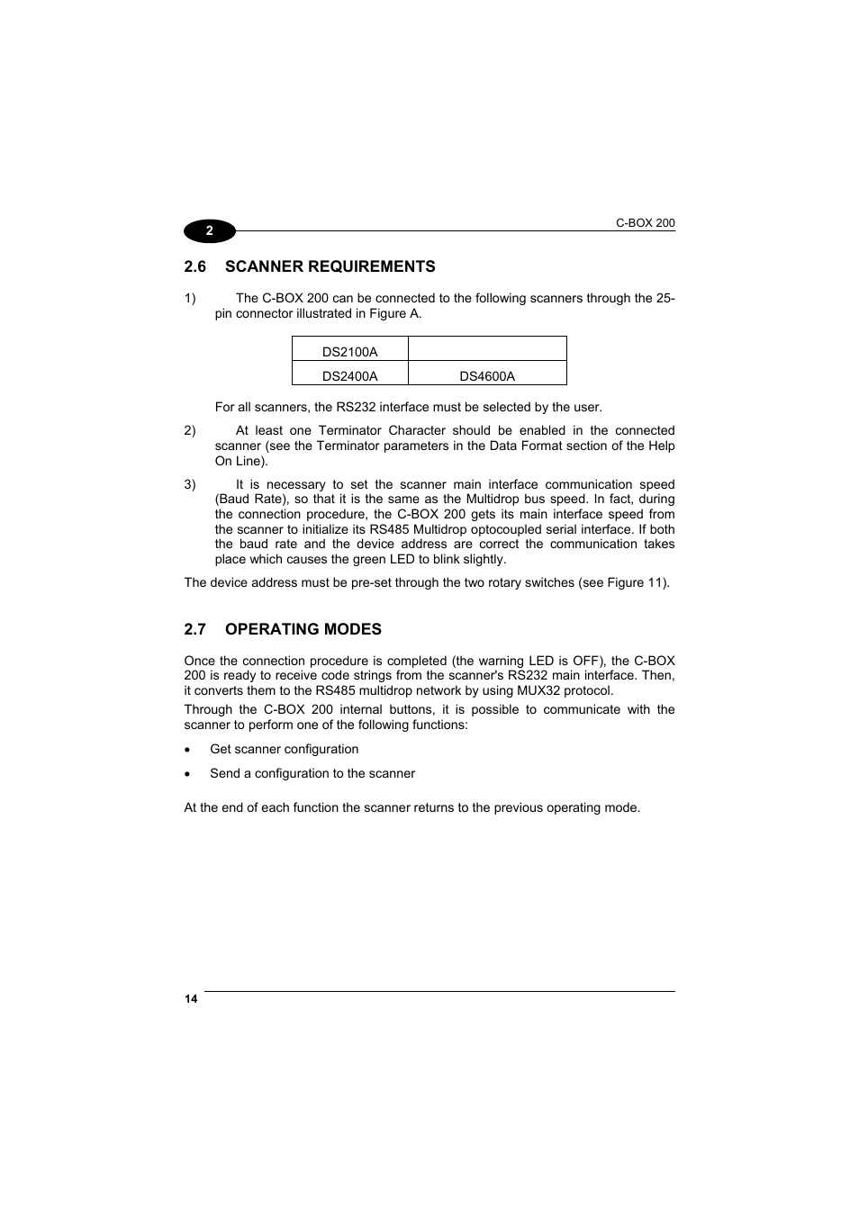 Scanner requirements, Operating modes | Datalogic Scanning C-BOX 200 User Manual | Page 22 / 28