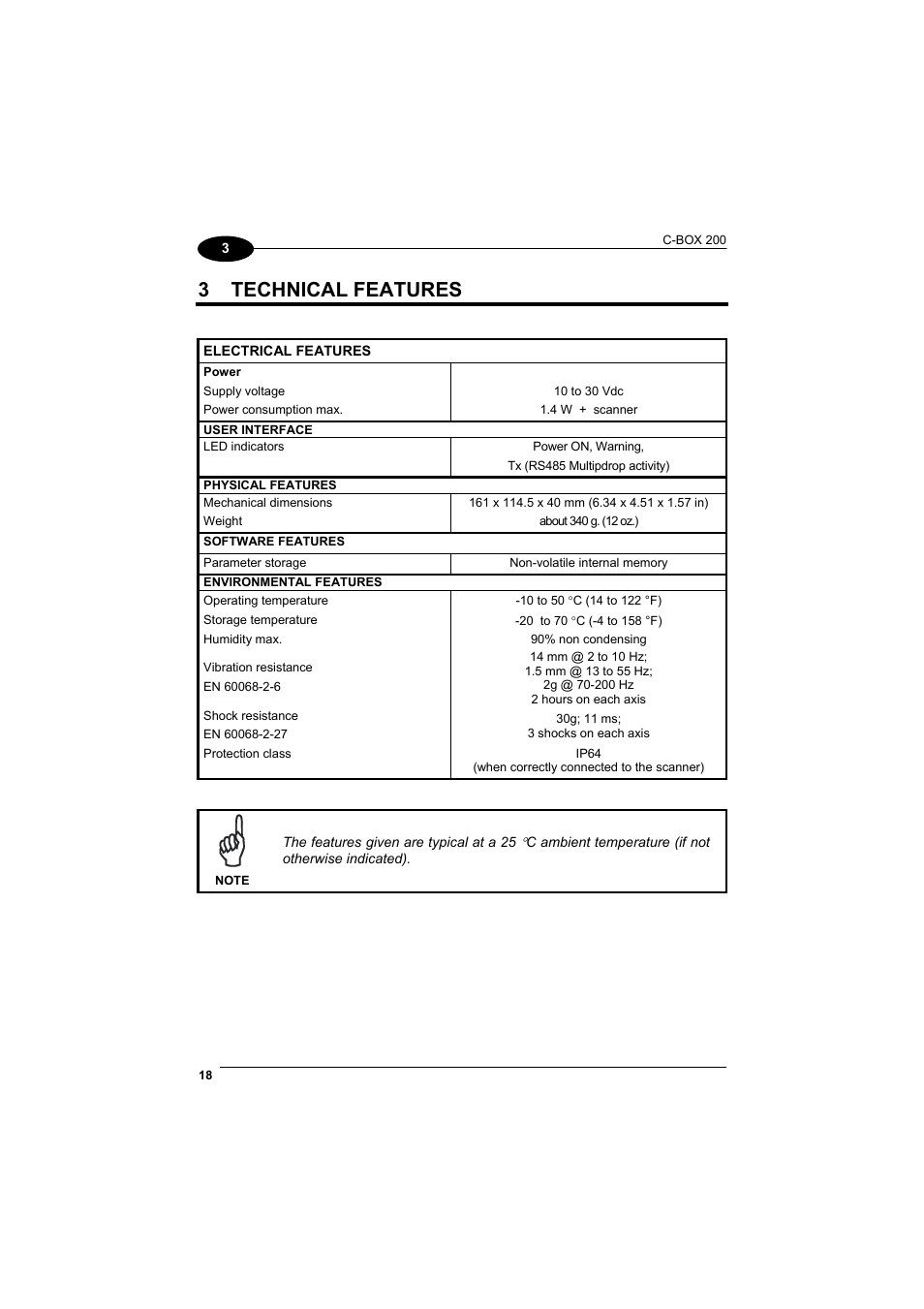 Technical features, 3 technical features | Datalogic Scanning C-BOX 200 User Manual | Page 26 / 28