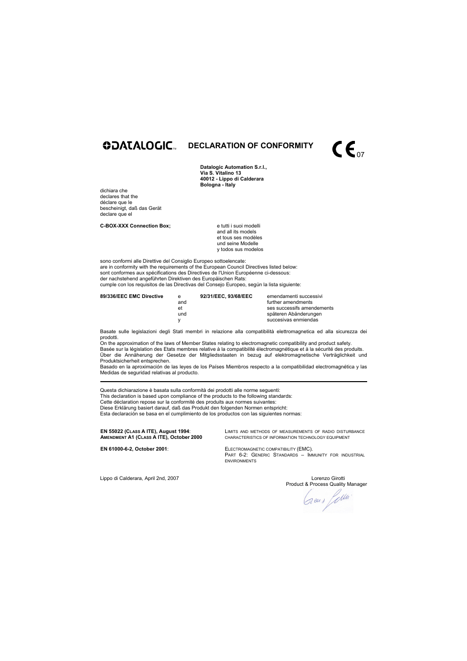 Declaration of conformity | Datalogic Scanning C-BOX 200 User Manual | Page 27 / 28