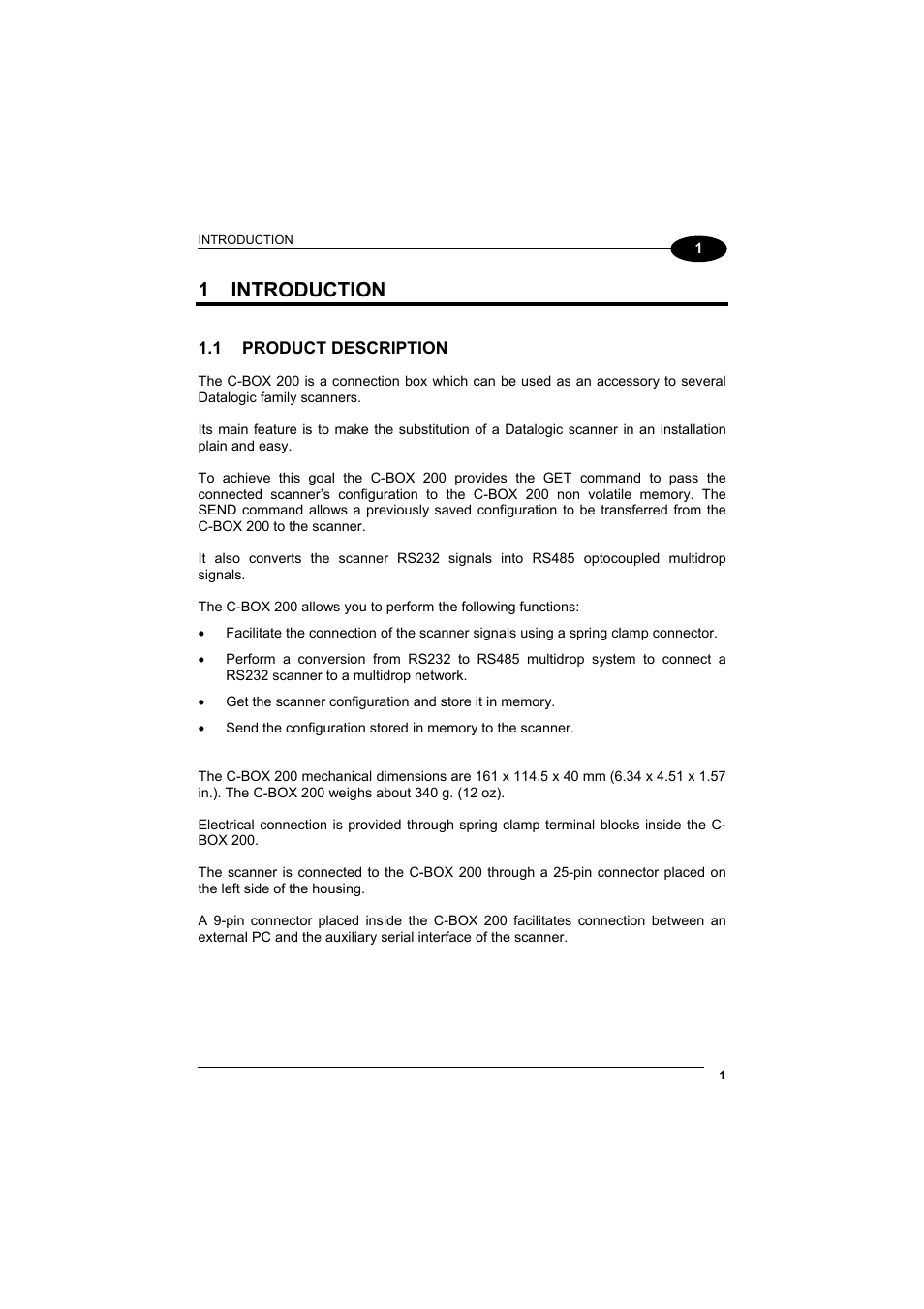 Introduction, Product description, 1 introduction | Datalogic Scanning C-BOX 200 User Manual | Page 9 / 28