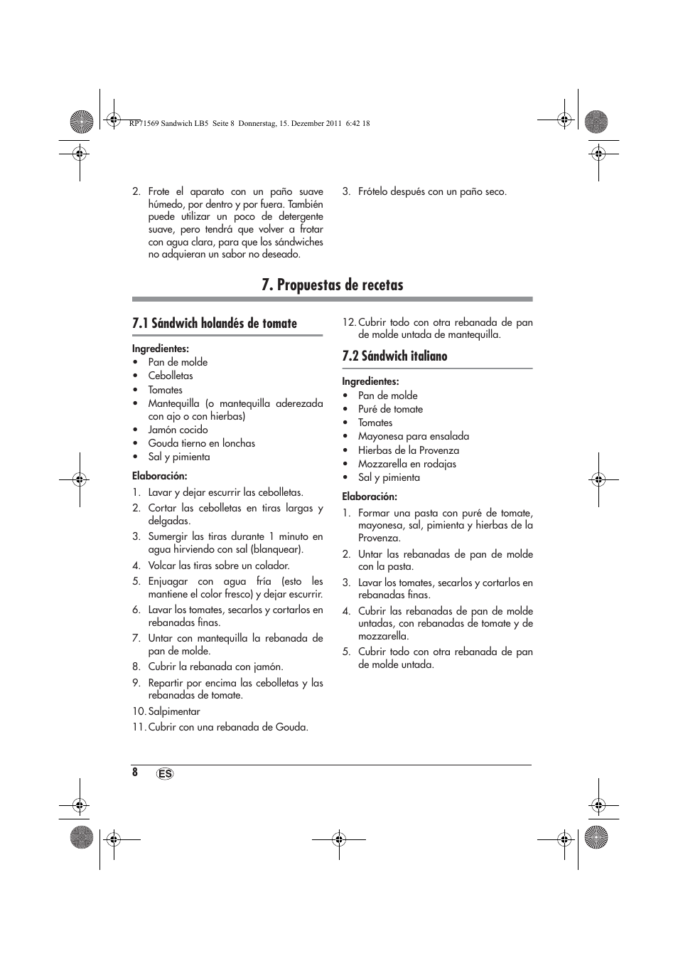 Propuestas de recetas, 1 sándwich holandés de tomate, 2 sándwich italiano | Silvercrest SSWMD 750 A1 User Manual | Page 10 / 46