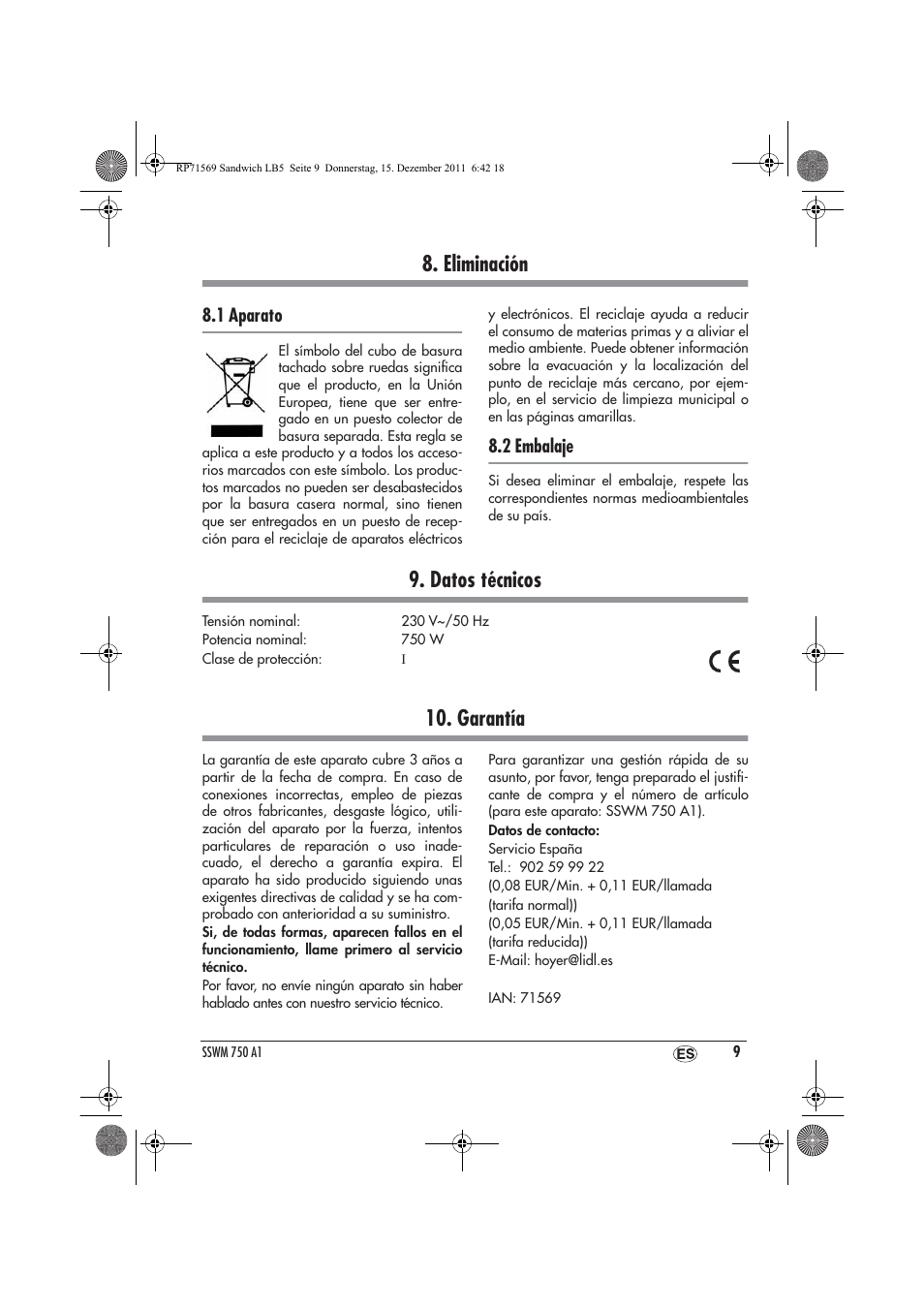 Eliminación, Datos técnicos, Garantía | Silvercrest SSWMD 750 A1 User Manual | Page 11 / 46