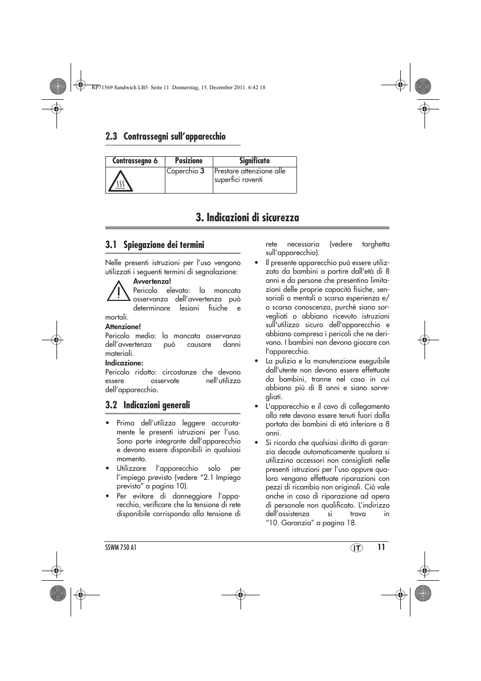 Indicazioni di sicurezza, 3 contrassegni sull’apparecchio, 1 spiegazione dei termini | 2 indicazioni generali | Silvercrest SSWMD 750 A1 User Manual | Page 13 / 46
