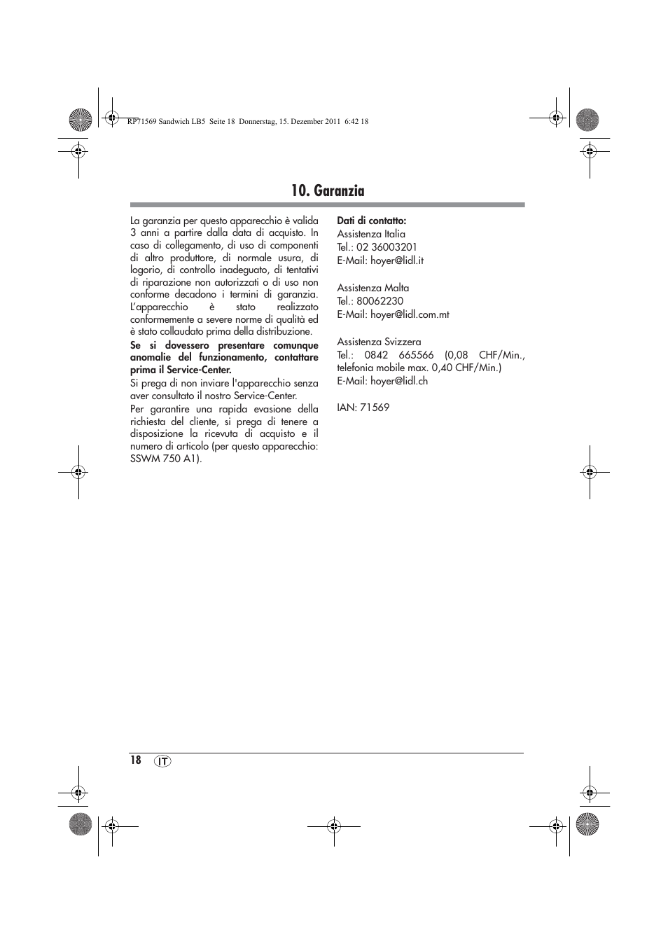 Garanzia | Silvercrest SSWMD 750 A1 User Manual | Page 20 / 46
