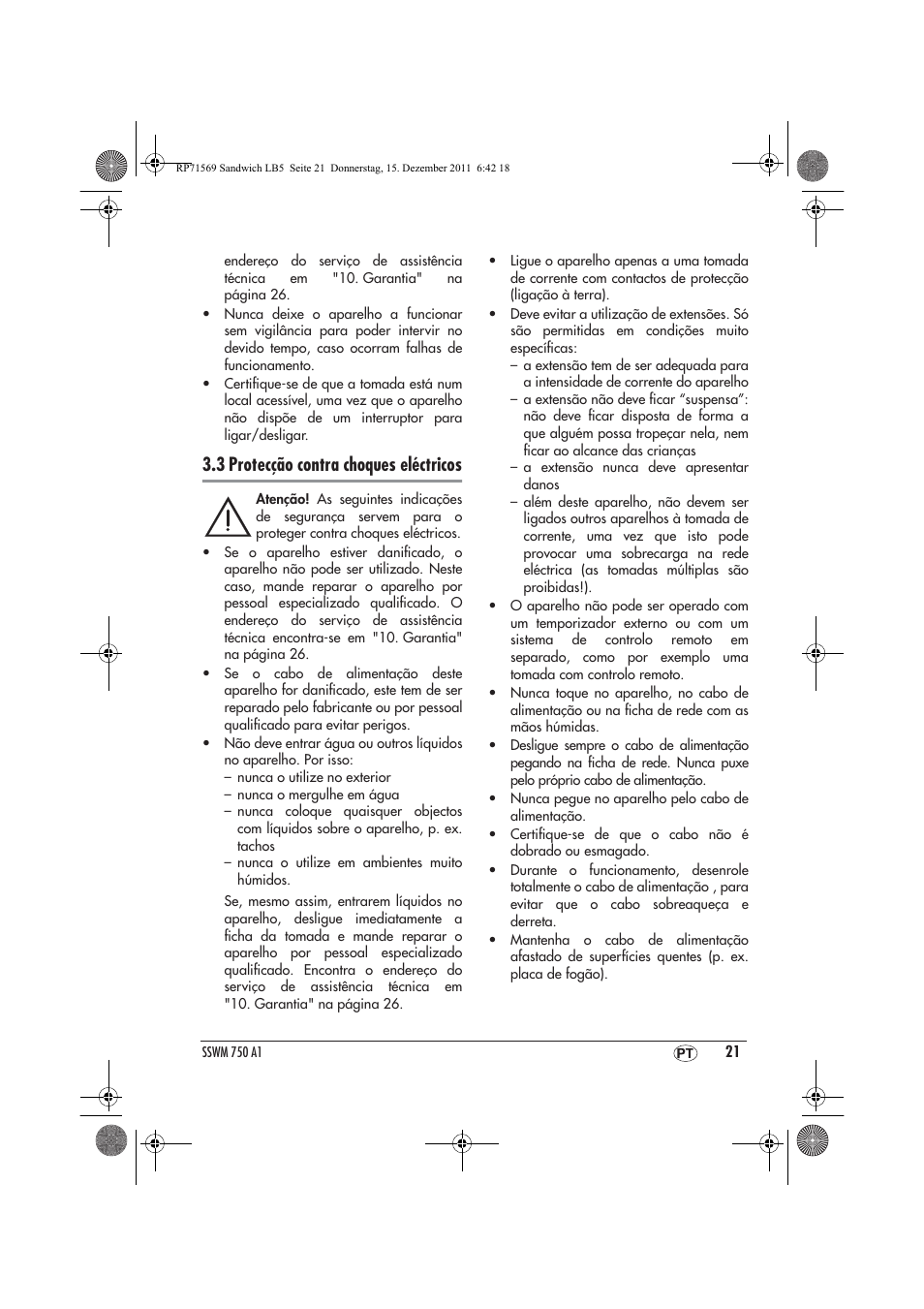 3 protecção contra choques eléctricos | Silvercrest SSWMD 750 A1 User Manual | Page 23 / 46