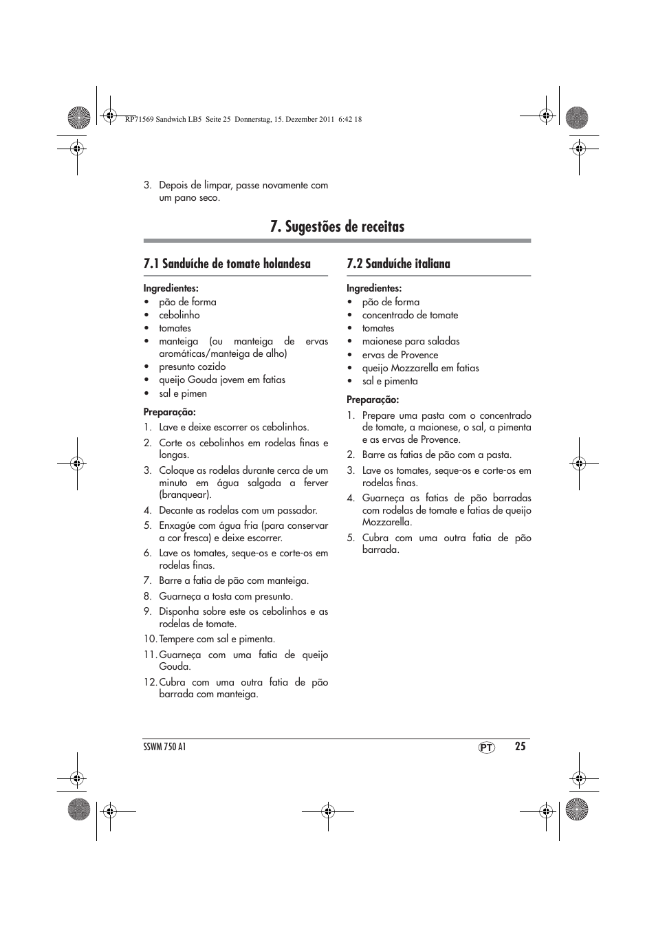 Sugestões de receitas, 1 sanduíche de tomate holandesa, 2 sanduíche italiana | Silvercrest SSWMD 750 A1 User Manual | Page 27 / 46