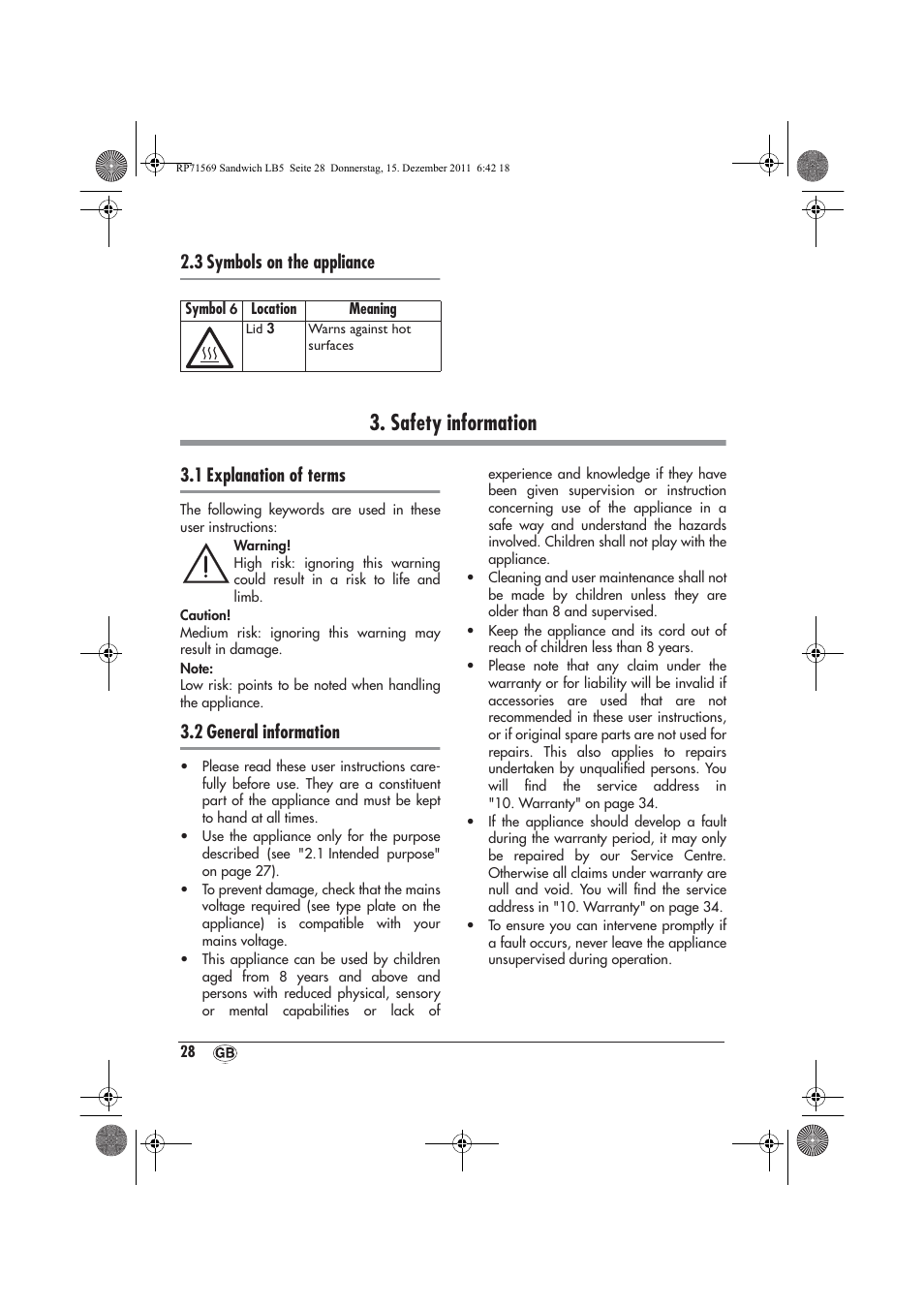 Safety information, 3 symbols on the appliance, 1 explanation of terms | 2 general information | Silvercrest SSWMD 750 A1 User Manual | Page 30 / 46