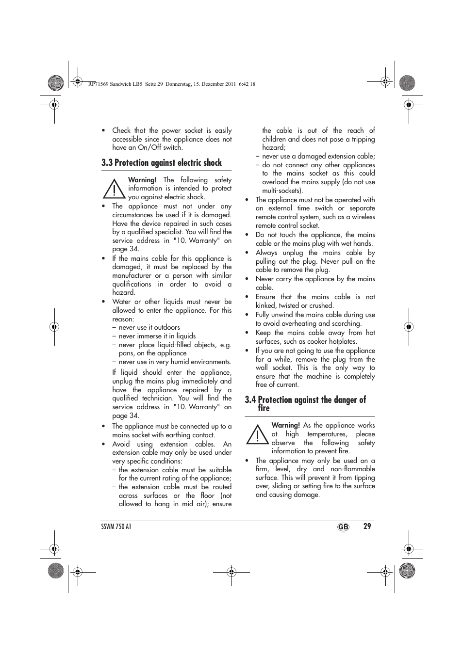 3 protection against electric shock, 4 protection against the danger of ﬁre | Silvercrest SSWMD 750 A1 User Manual | Page 31 / 46