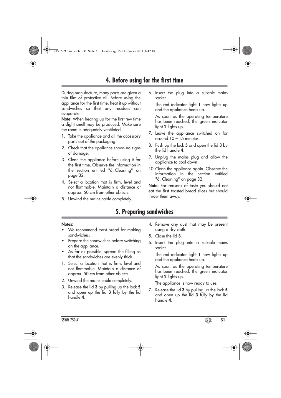 Before using for the ﬁrst time, Preparing sandwiches | Silvercrest SSWMD 750 A1 User Manual | Page 33 / 46
