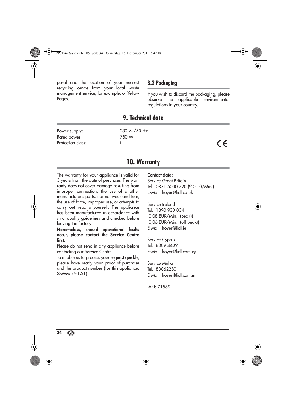 Technical data, Warranty, 2 packaging | Silvercrest SSWMD 750 A1 User Manual | Page 36 / 46