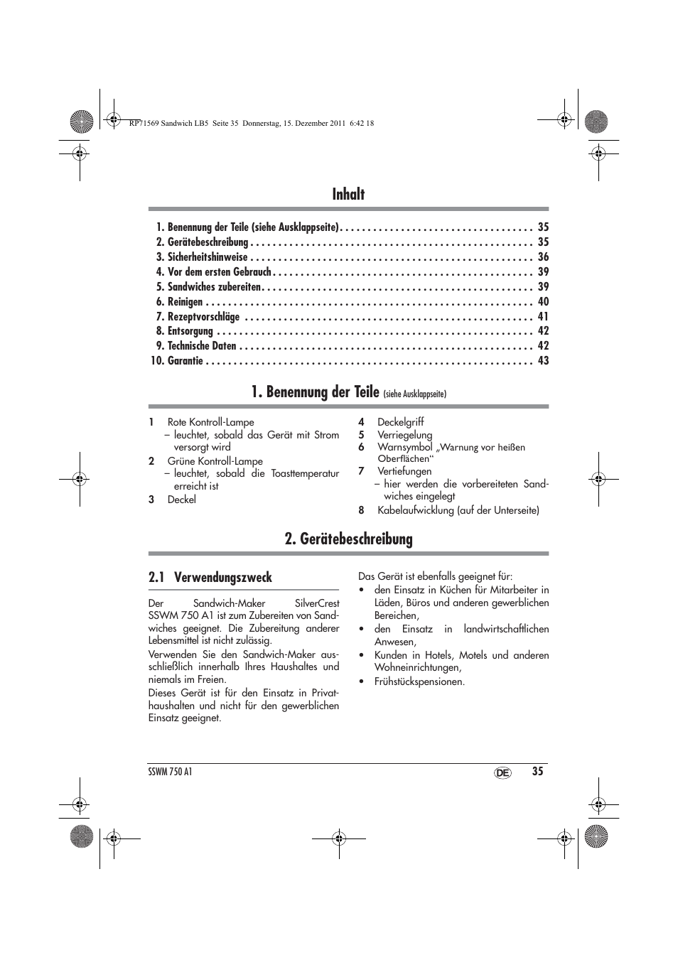 Inhalt, Benennung der teile, Gerätebeschreibung | 1 verwendungszweck | Silvercrest SSWMD 750 A1 User Manual | Page 37 / 46