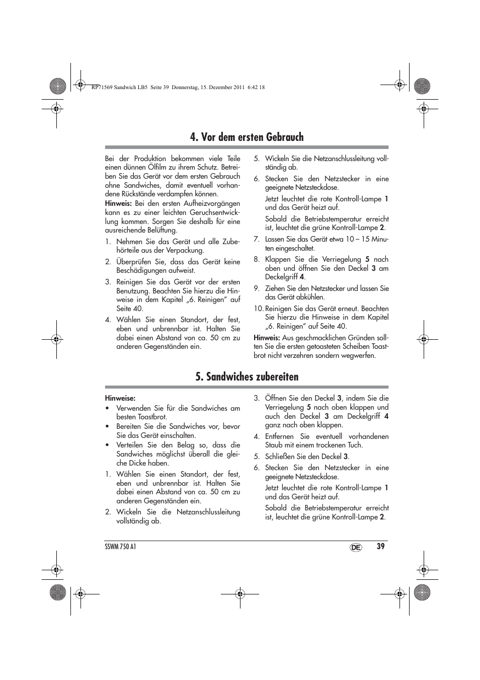 Vor dem ersten gebrauch, Sandwiches zubereiten | Silvercrest SSWMD 750 A1 User Manual | Page 41 / 46