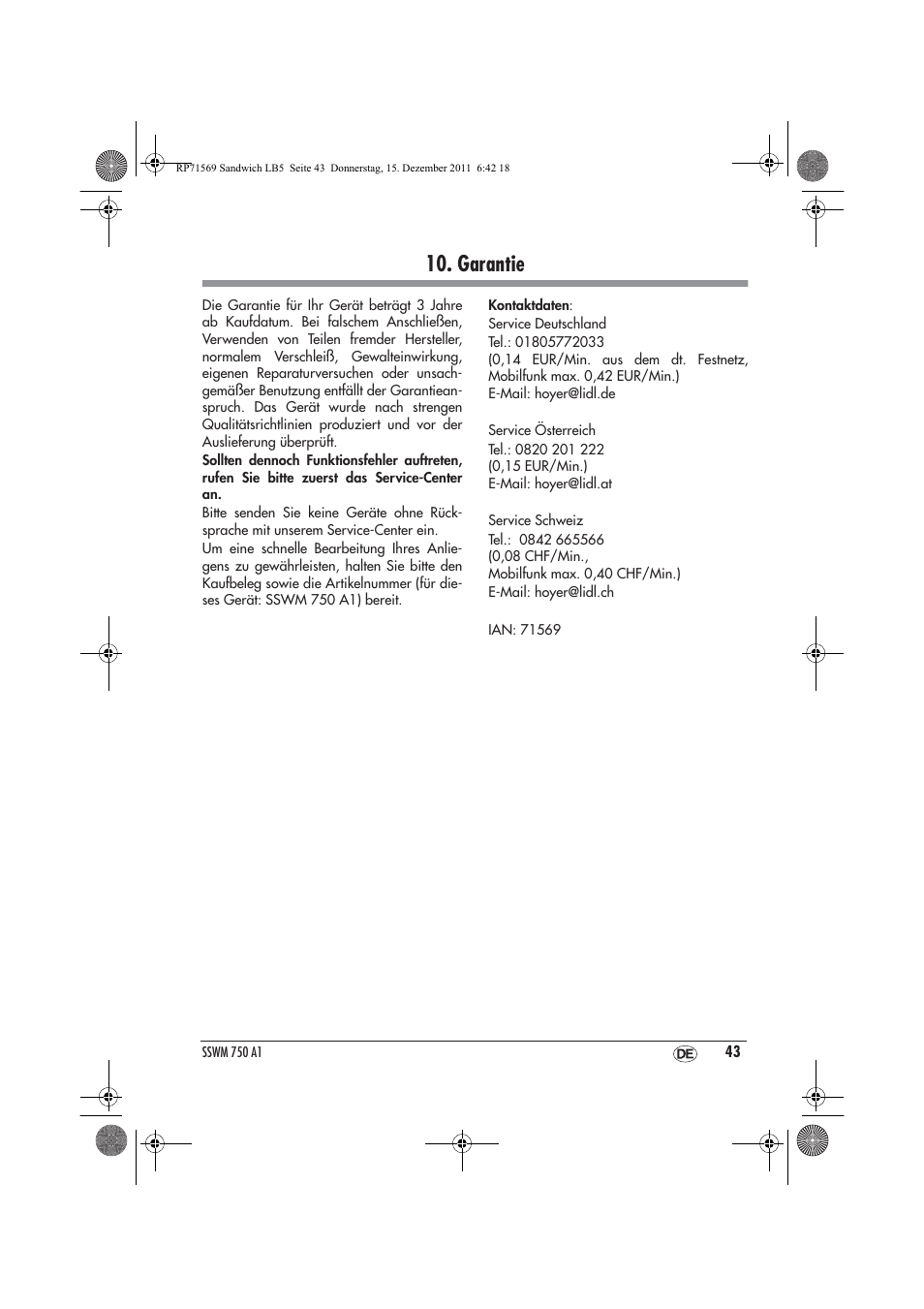 Garantie | Silvercrest SSWMD 750 A1 User Manual | Page 45 / 46
