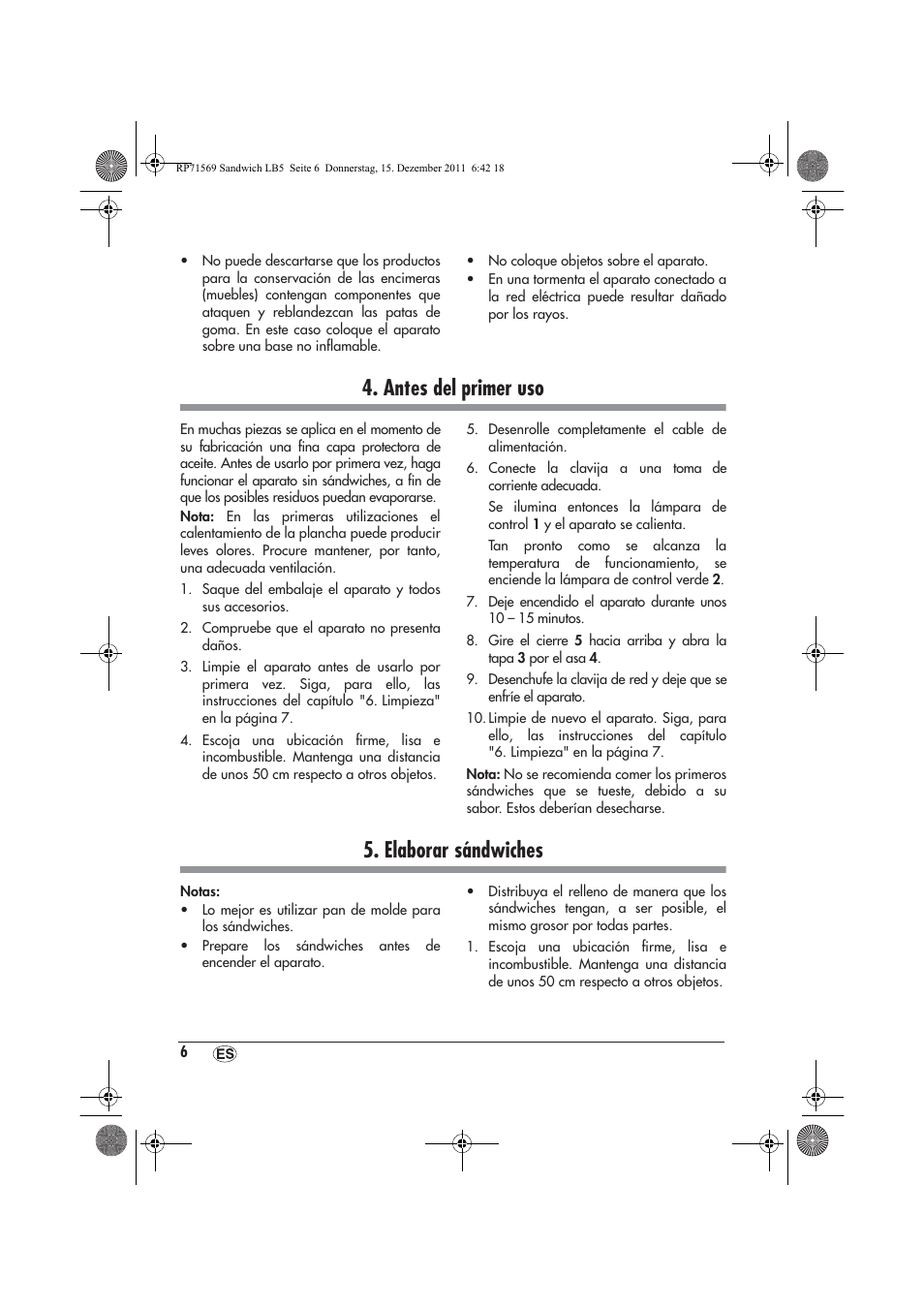 Antes del primer uso, Elaborar sándwiches | Silvercrest SSWMD 750 A1 User Manual | Page 8 / 46