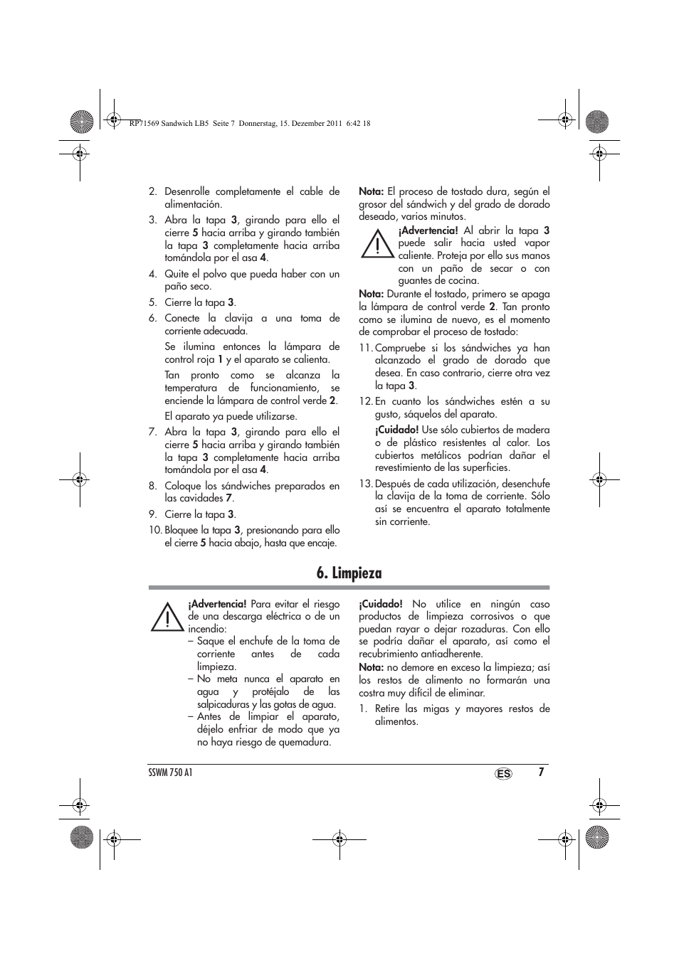 Limpieza | Silvercrest SSWMD 750 A1 User Manual | Page 9 / 46