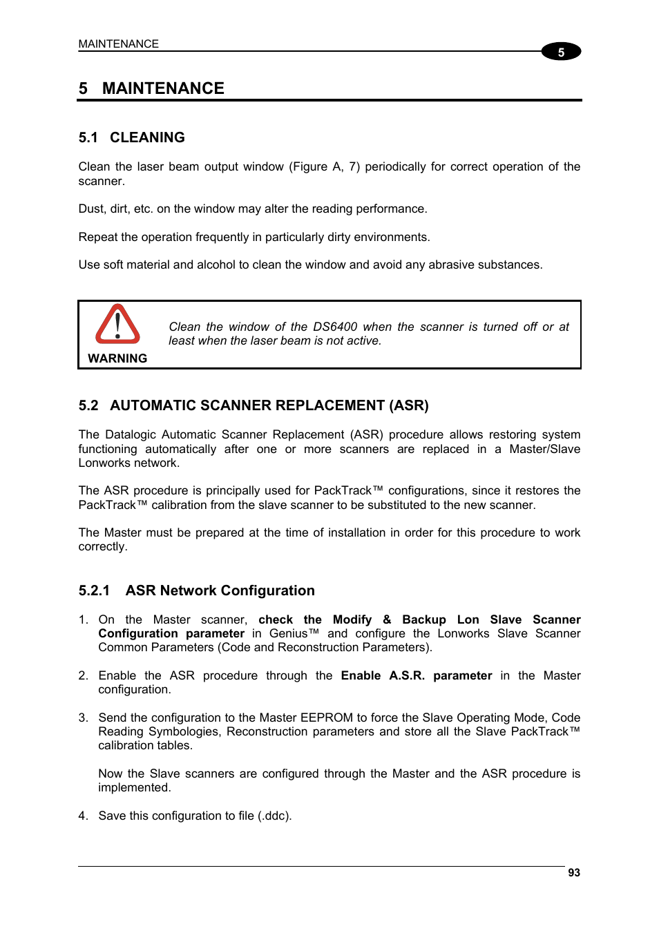 Maintenance, Cleaning, Automatic scanner replacement (asr) | Asr network configuration, 5 maintenance | Datalogic Scanning DS6400 User Manual | Page 109 / 122