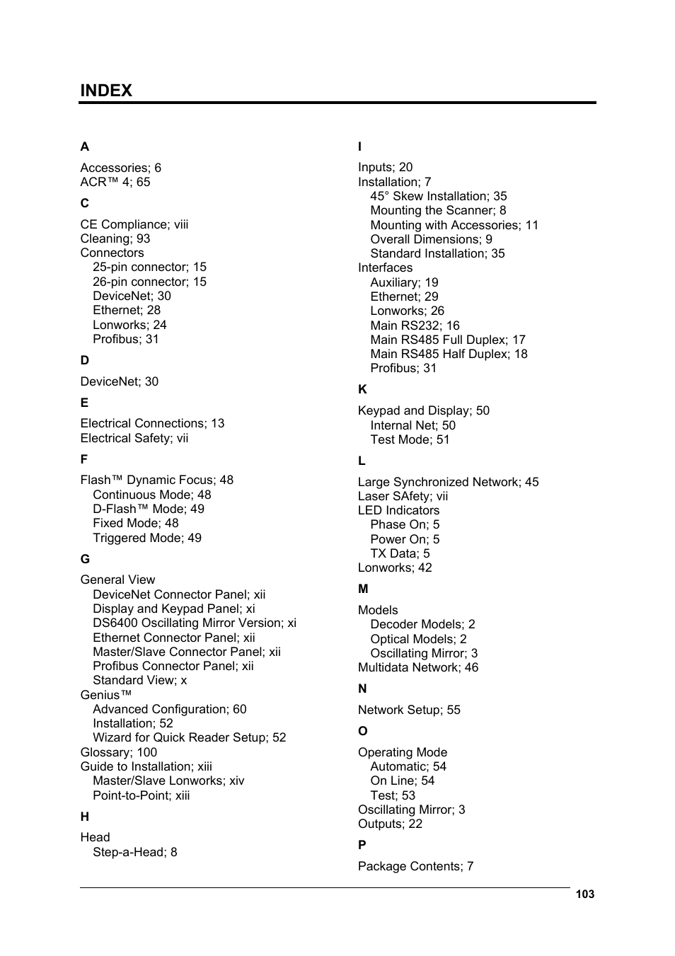 Index | Datalogic Scanning DS6400 User Manual | Page 119 / 122