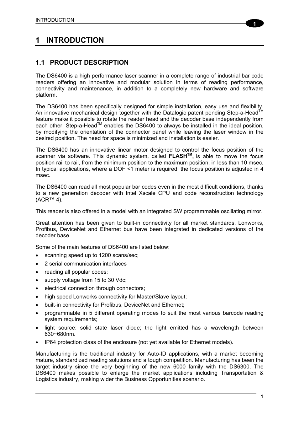 Introduction, Product description, 1 introduction | 1 product description | Datalogic Scanning DS6400 User Manual | Page 17 / 122