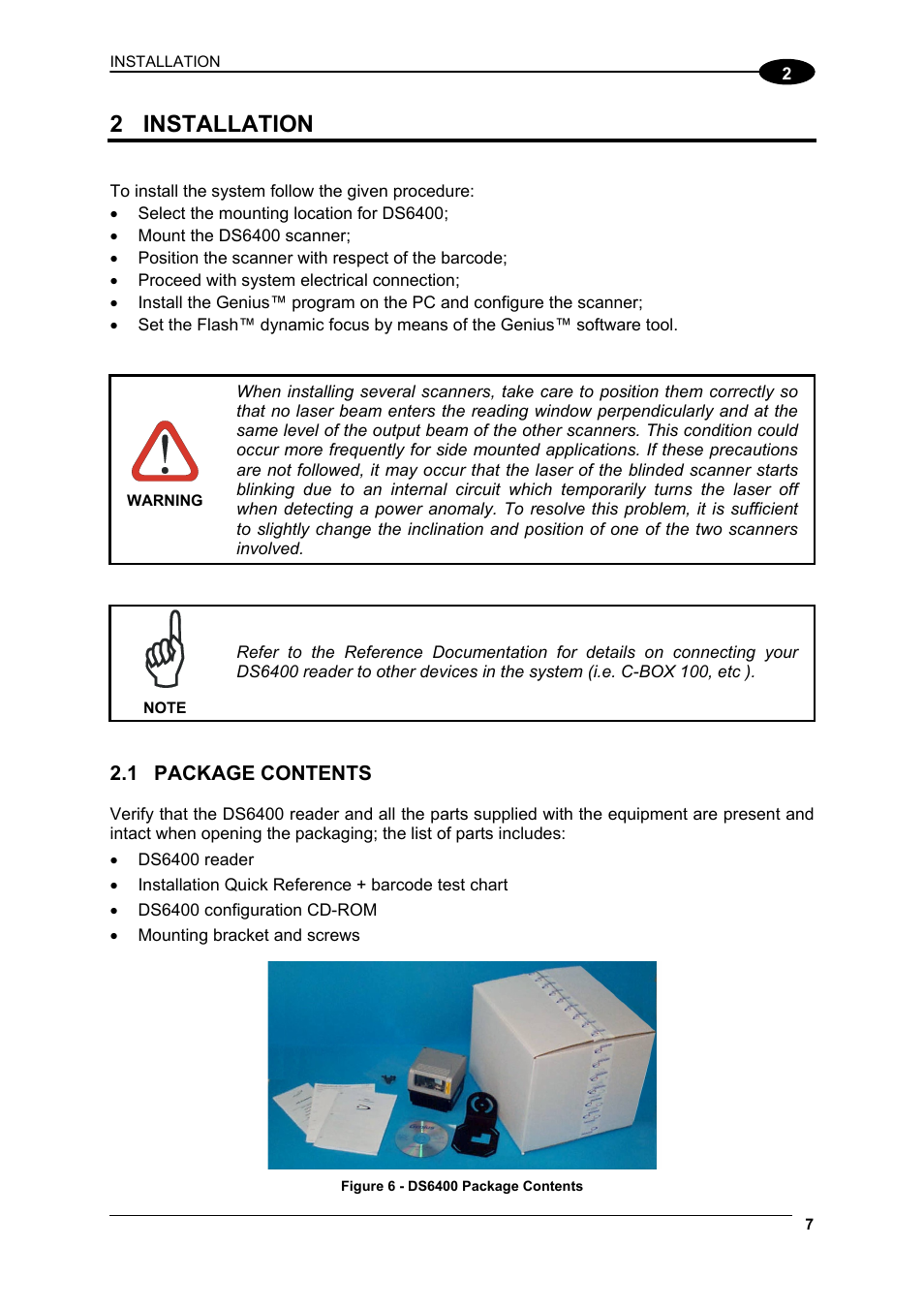 Installation, Package contents, 2 installation | Datalogic Scanning DS6400 User Manual | Page 23 / 122
