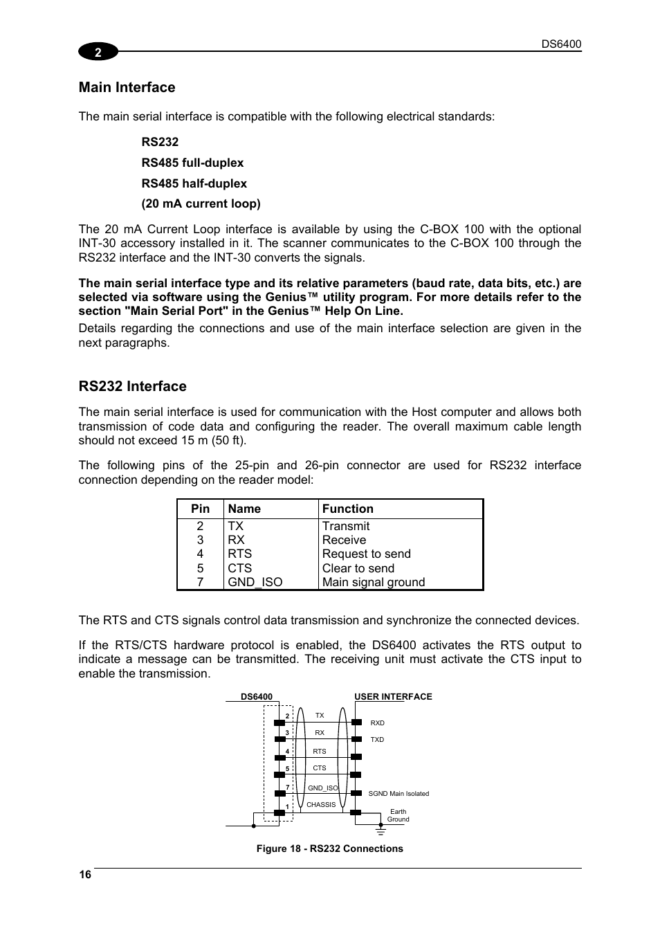 Main interface, Rs232 interface | Datalogic Scanning DS6400 User Manual | Page 32 / 122