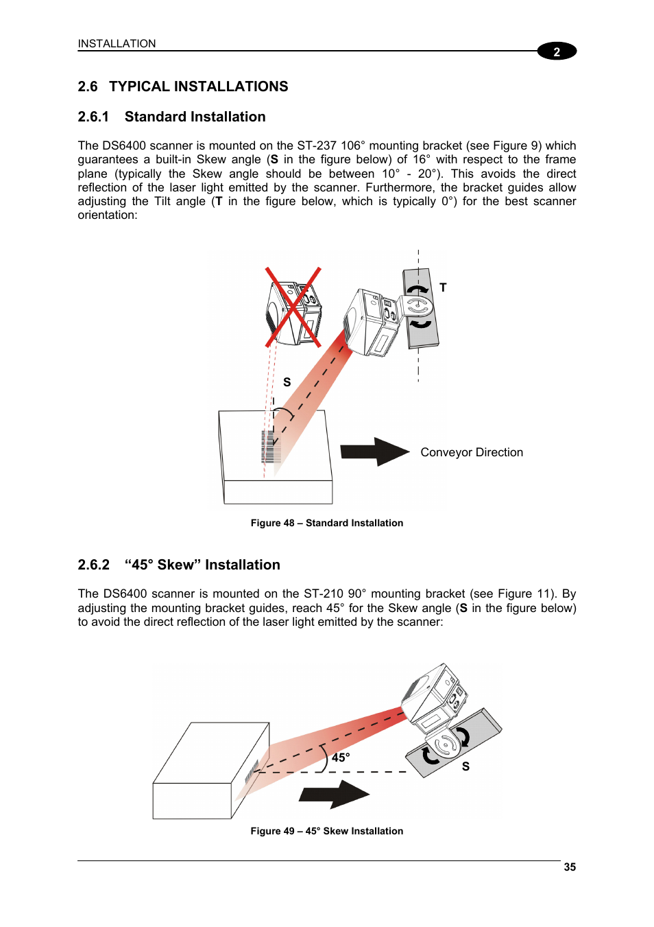 Typical installations, Standard installation, 45° skew” installation | Datalogic Scanning DS6400 User Manual | Page 51 / 122