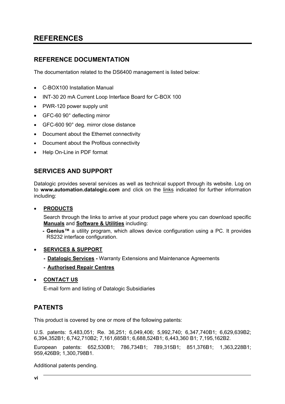 References, Reference documentation, Services and support | Patents | Datalogic Scanning DS6400 User Manual | Page 6 / 122