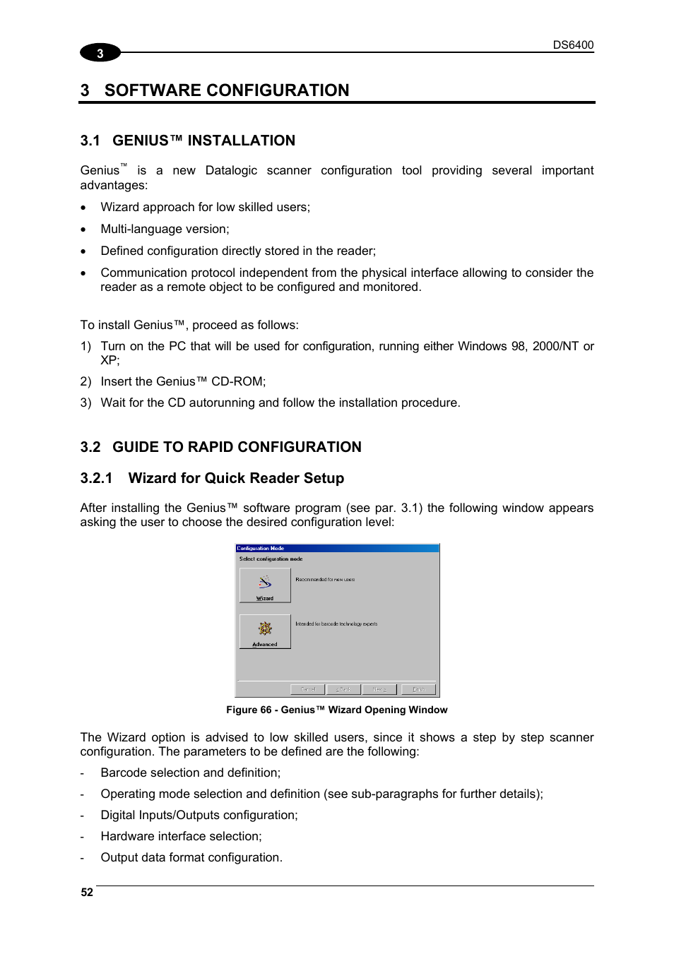 Software configuration, Genius™ installation, Guide to rapid configuration | Wizard for quick reader setup, 3 software configuration | Datalogic Scanning DS6400 User Manual | Page 68 / 122