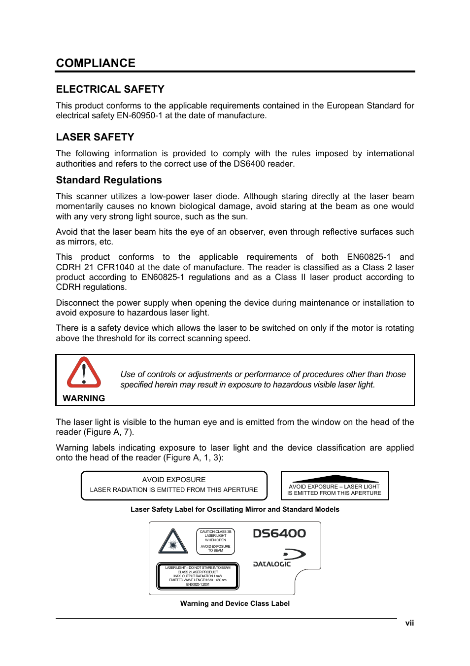 Compliance, Electrical safety, Laser safety | Standard regulations | Datalogic Scanning DS6400 User Manual | Page 7 / 122